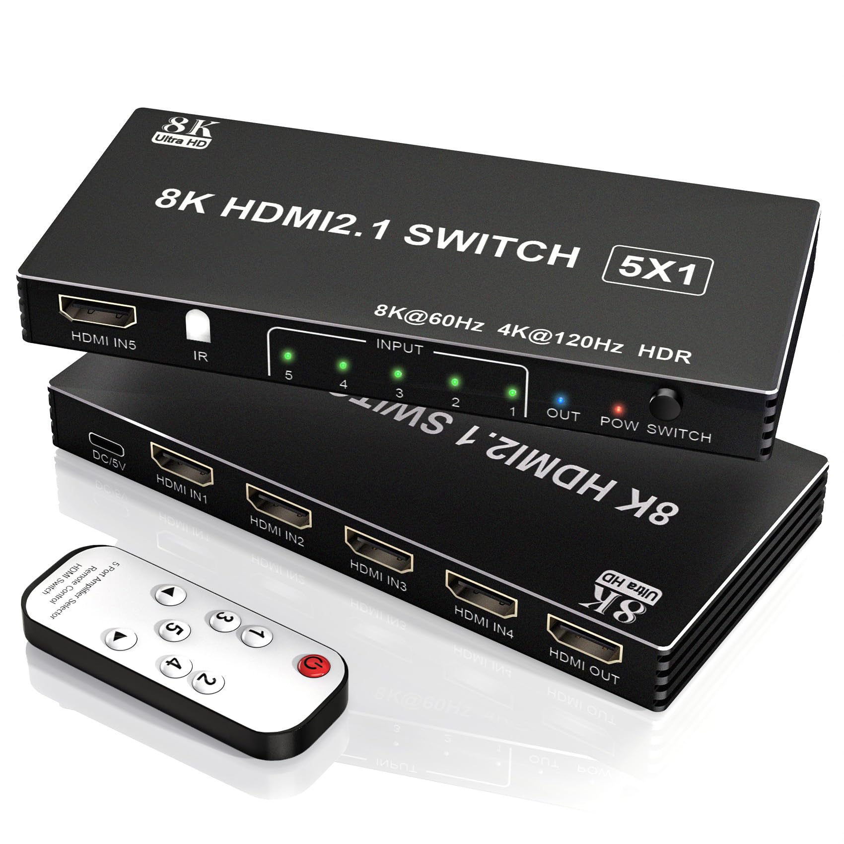 Conmutador HDMI 8K 4K 120Hz – 5 en 1 salida HDMI Splitter Switcher 8K @60Hz 4K @120Hz con control remoto 3D HDR10+ HDCP 2.3 CEC, uso para PS5/4/3, Xbox DVD Player Fire Stick Roku TV PC Nintendo Switch