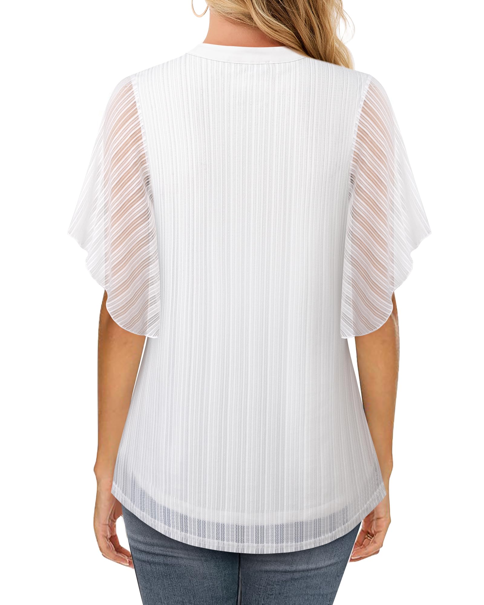 Vafoly Camicia da donna, elegante, a maniche corte, estiva, con scollo a V, in rete, con fiori, a doppio strato