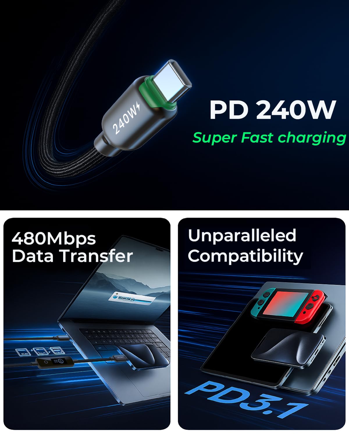 LITO Cavo da USB C a USB C da 240 W con display LED intelligente e monitoraggio della potenza in tempo reale, ricarica rapida PD 3.1, cavo di ricarica intrecciato in nylon di alta qualità, compatibile