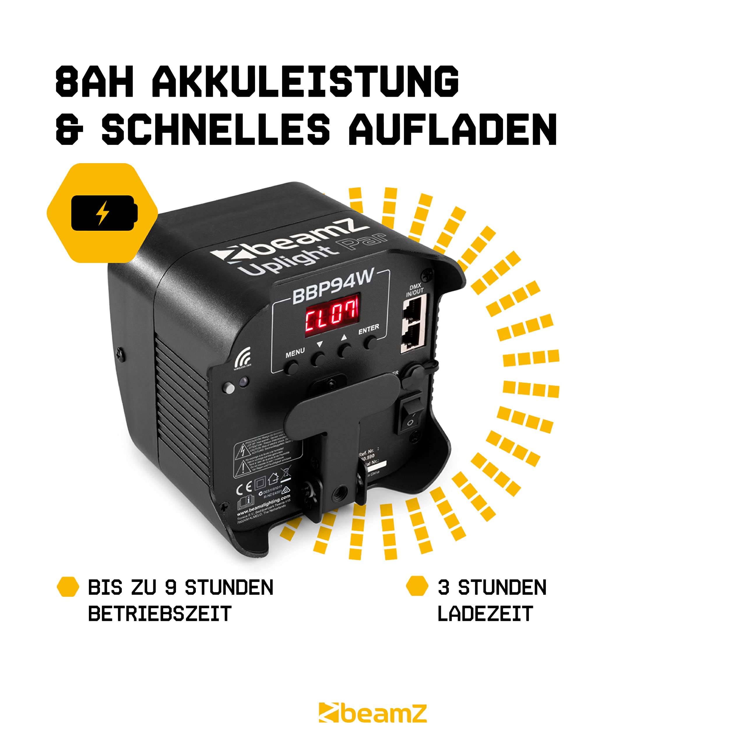 BeamZ BBP94 LED Uplight LED Par Strahler, 8er Set im Ladecase, 10 x 4 Watt, Bühnenbeleuchtung Set für DJ Pult, Bühnenlicht, DMX-LAN, Partylicht Musikgesteuert, Bühnenequipment, mit Fernbedienung