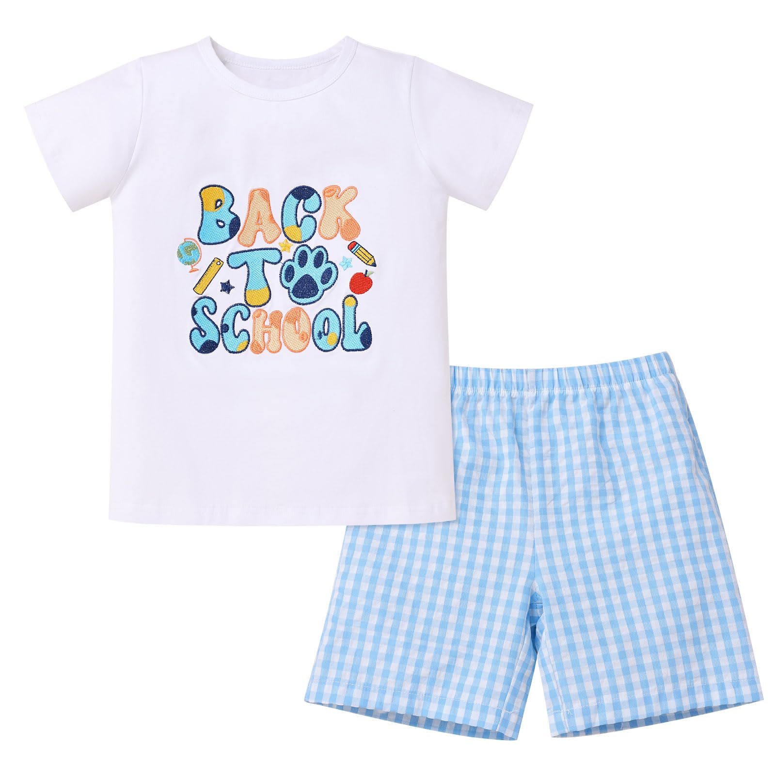 OBEEII Back to School Outfit Toddler Boy Short Sleeve Graphic Shirt Gingham Shorts First Day of School Summer Clothing Set
