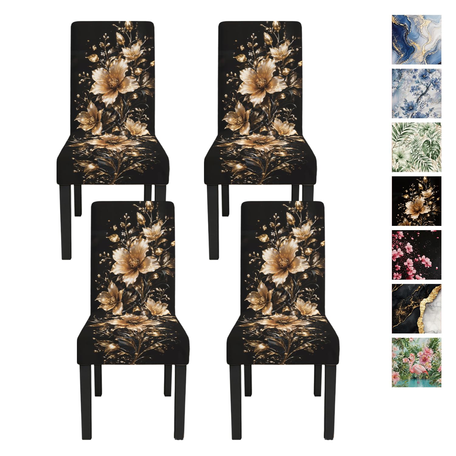 Black Gold Floral Dining Chair Covers Set of 4, Stretch Covers
