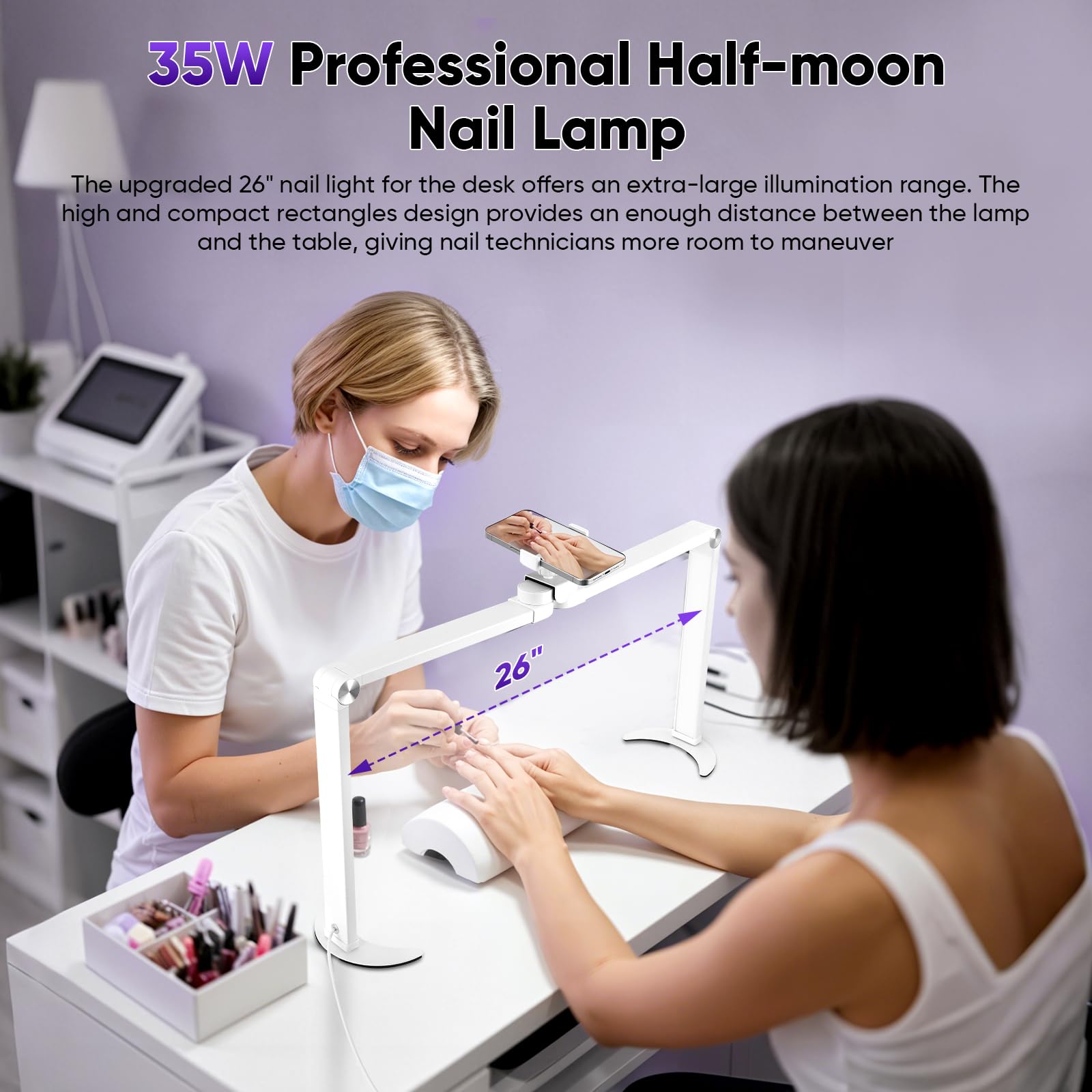 VIHBRAI 35W Half Moon Lamp 26inch Square Nail Desk Lamp with Phone Holder, Foldable LED Nail Table Light 3000K-6000K Dimmable for Nail Tech, Lash Eyelash Extension, Tattoo, Eyebrows, White - Image 2