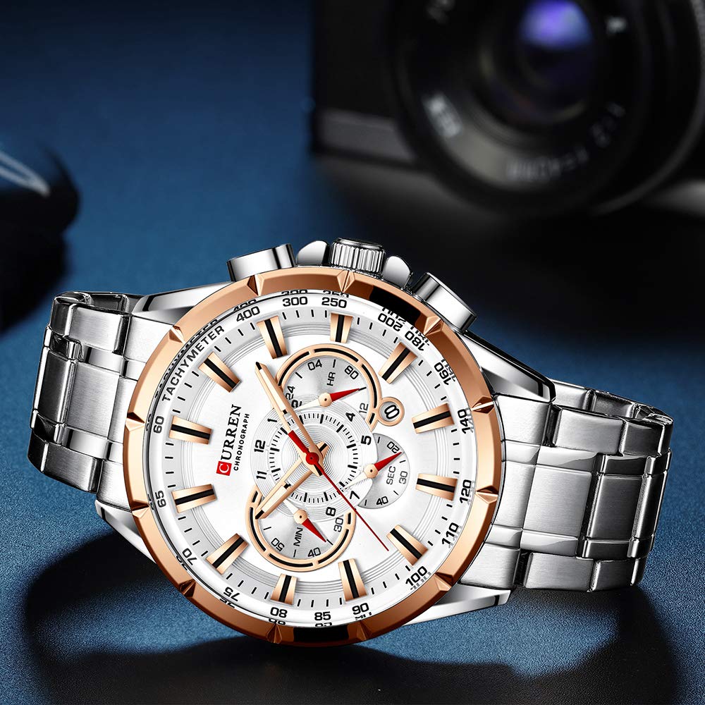 Wrist Watch Men Waterproof Chronograph Military Army Stainless Steel Male Clock Man Sport Watches 8363 (Silver White)