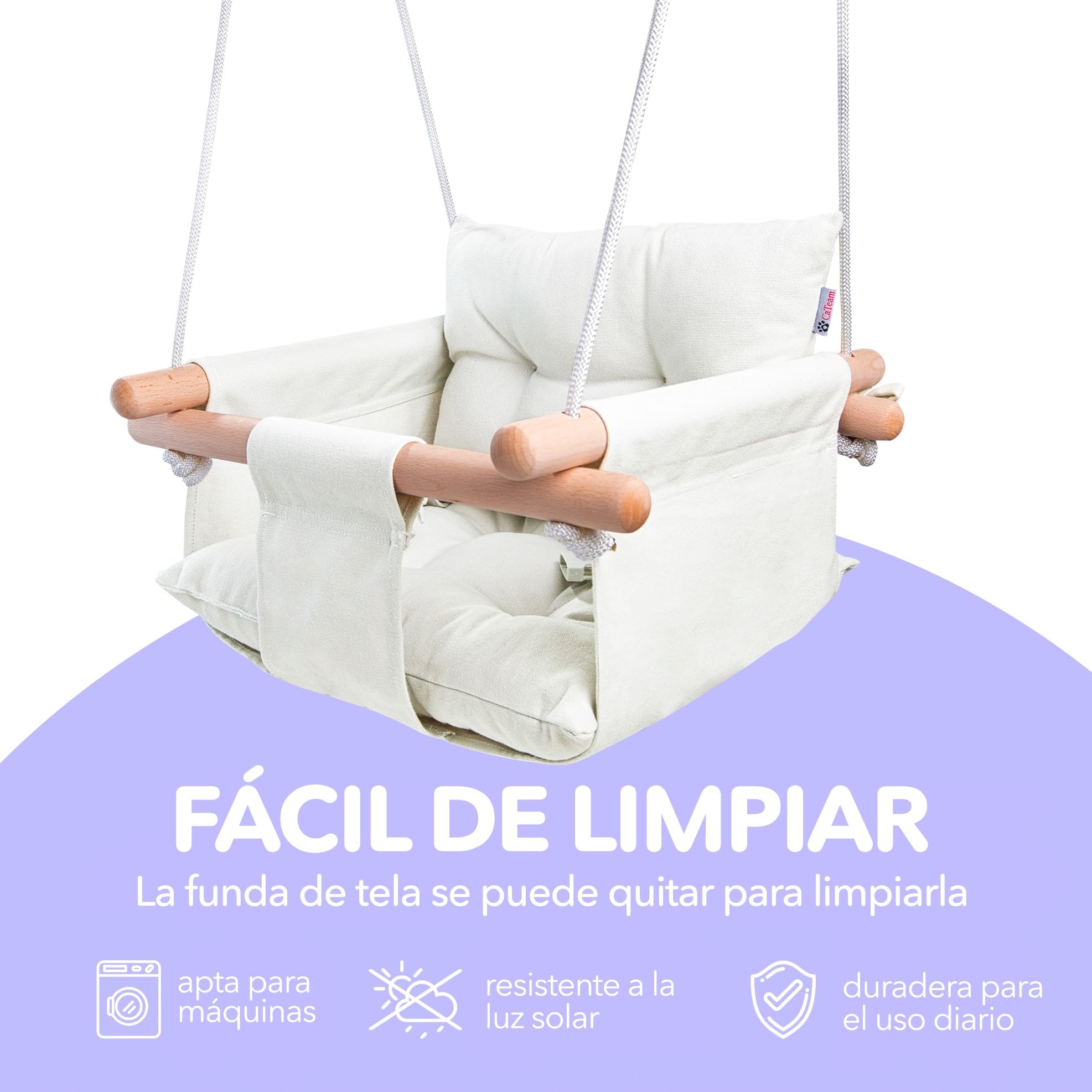 CaTeam - Columpio de Lona para bebé, Silla de Columpio Colgante de Madera con cinturón de Seguridad, Silla de Hamaca Duradera para bebé, Columpio para Exteriores e Interiores para niños, Marfil