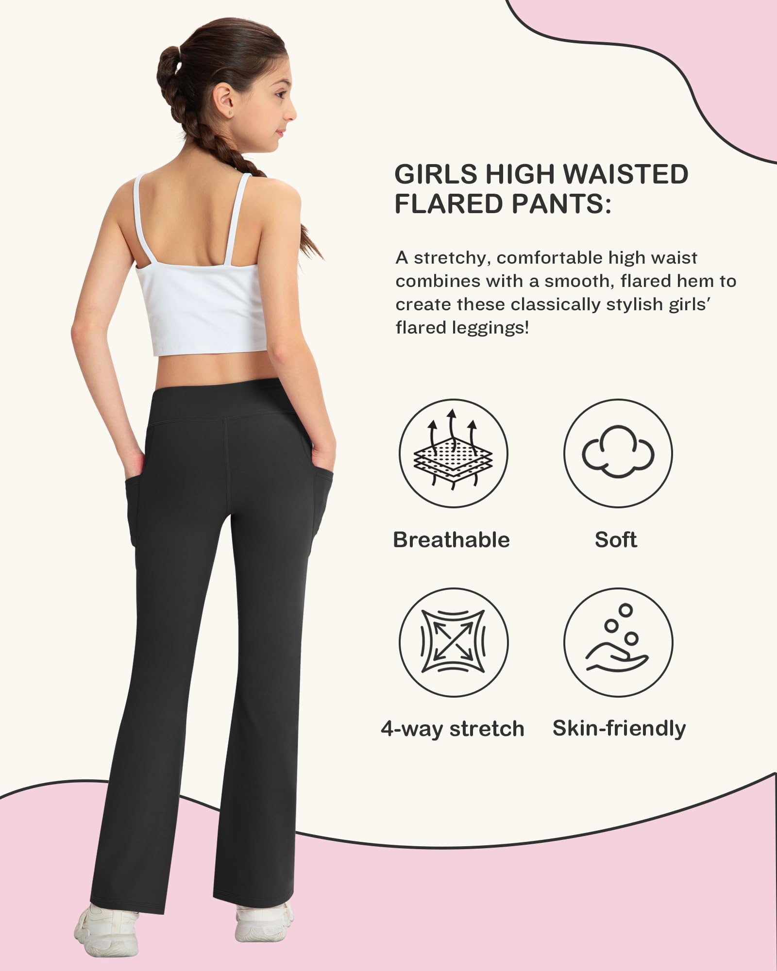 NORMOV Pantalones de yoga para niña con bolsillos, pantalones acampanados casuales de cintura alta para niños