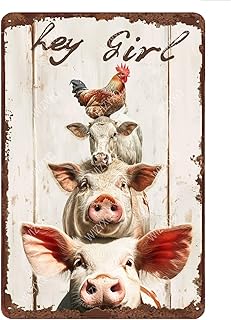 Hey Girl A Group Of Chicken Sheep Pig Sign Vintage for Home Office Kitchen Bar Cafe Garden Wall Decor 12"x16"