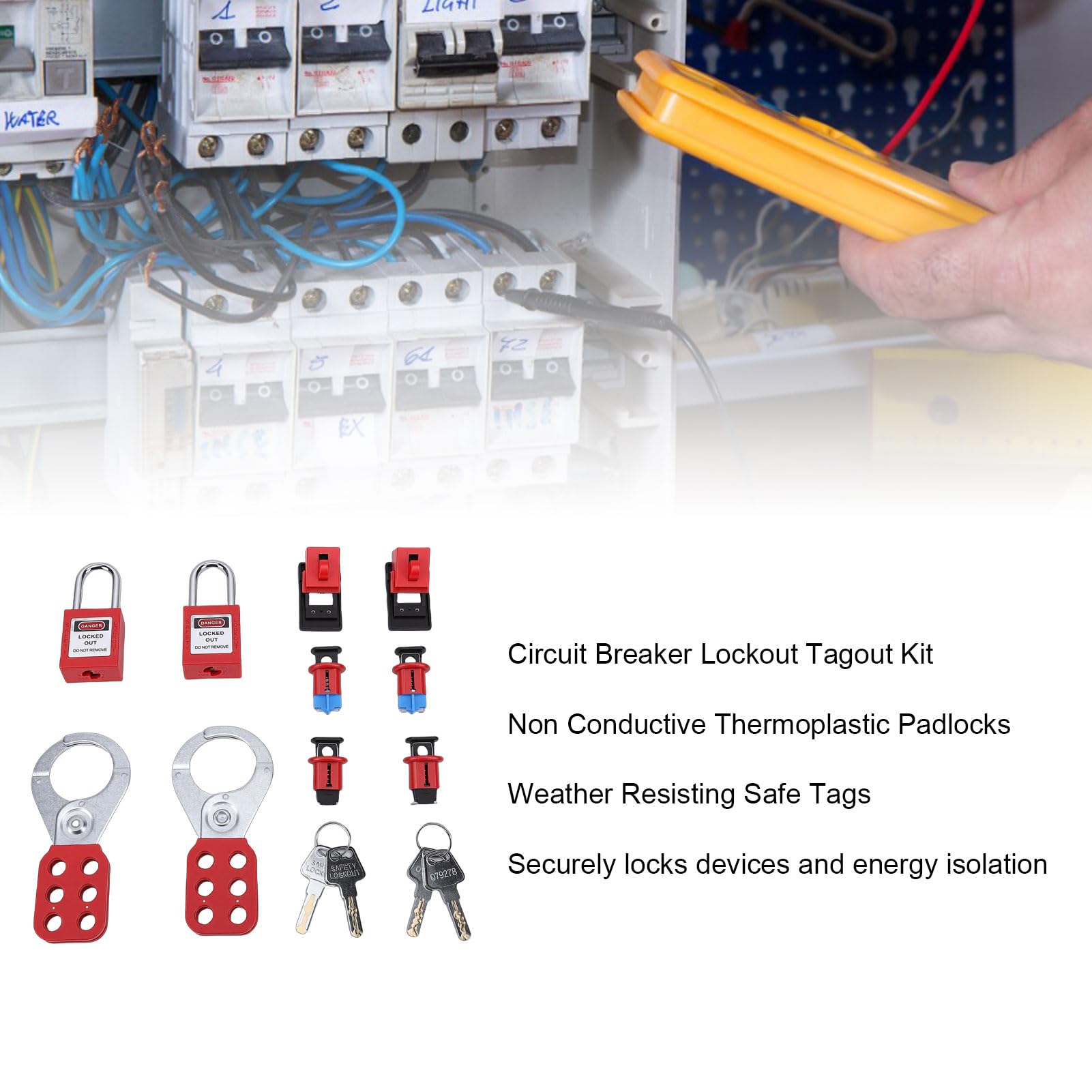 Kit di tag di blocco elettrico, 6 lucchetti con etichette in PVC Borsa di stoccaggio portatile per dispositivi di sicurezza Loto per quadri elettrici industriali