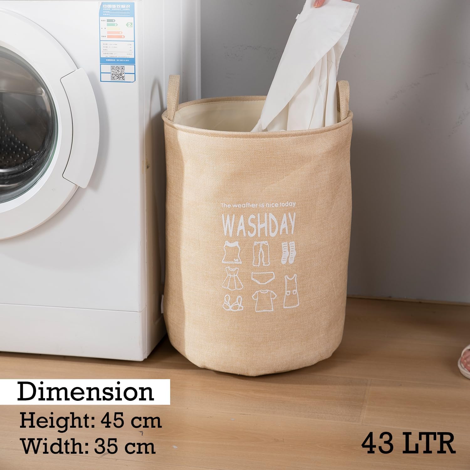 HOKIPO Folding Laundry Basket for Clothes, Round Collapsible Storage Basket - 43 LTR, Beige (AR2650)(Jute), 35cm, 35cm 2