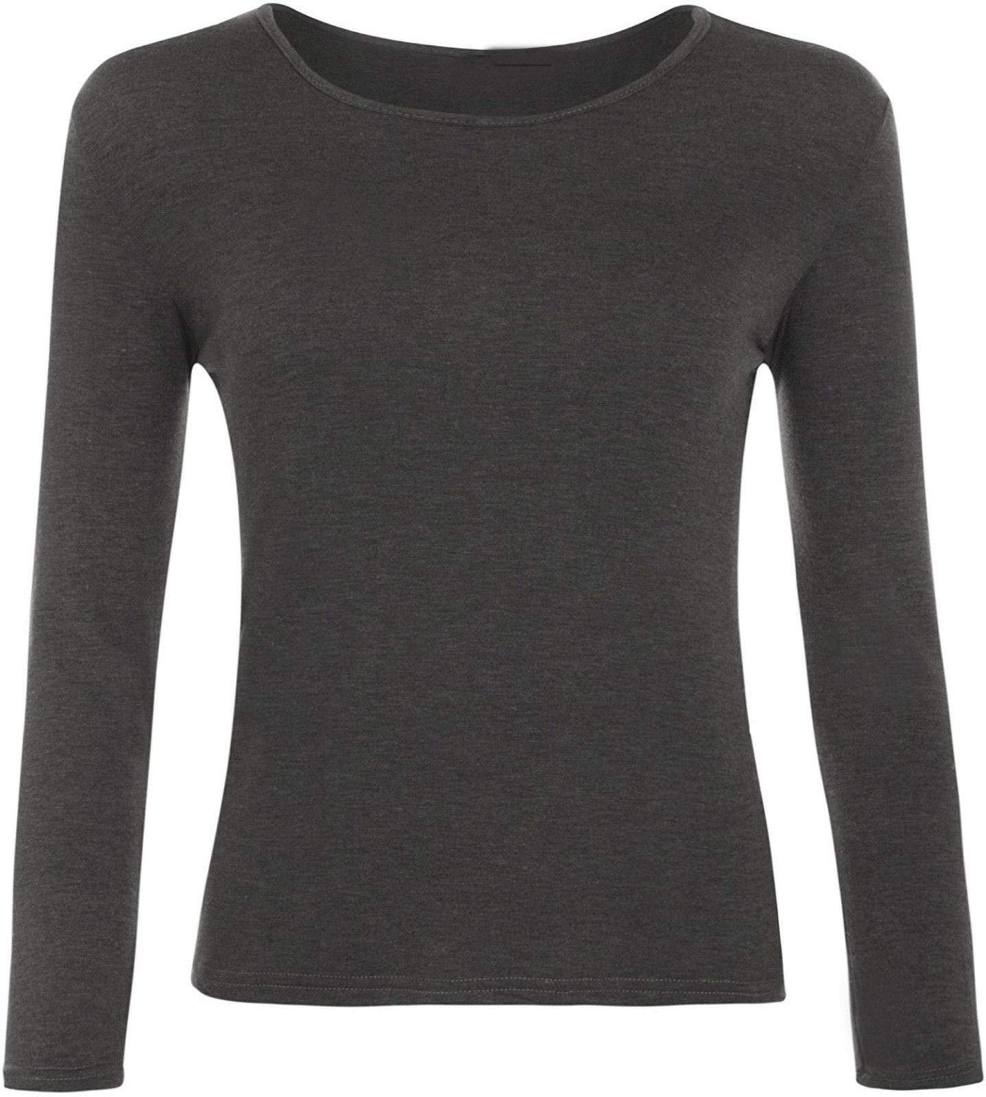 Ladies Women Basic Long Sleeve Plain Round Neck Ladies Stretch Plus Size Top T Shirt (Charcoal, ML)