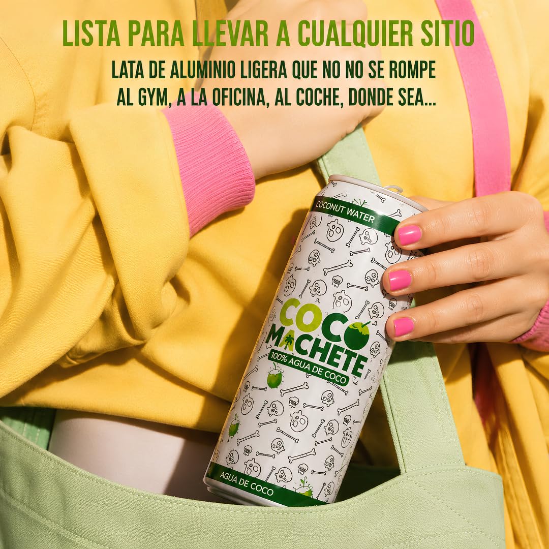 Coco Machete® Agua de Coco Natural 100% | Pack 24 Latas x 310 ml | Agua Coco Sin Azúcares Añadidos ni Conservantes | Hidratación Natural | Bebida de Coco Refrescante