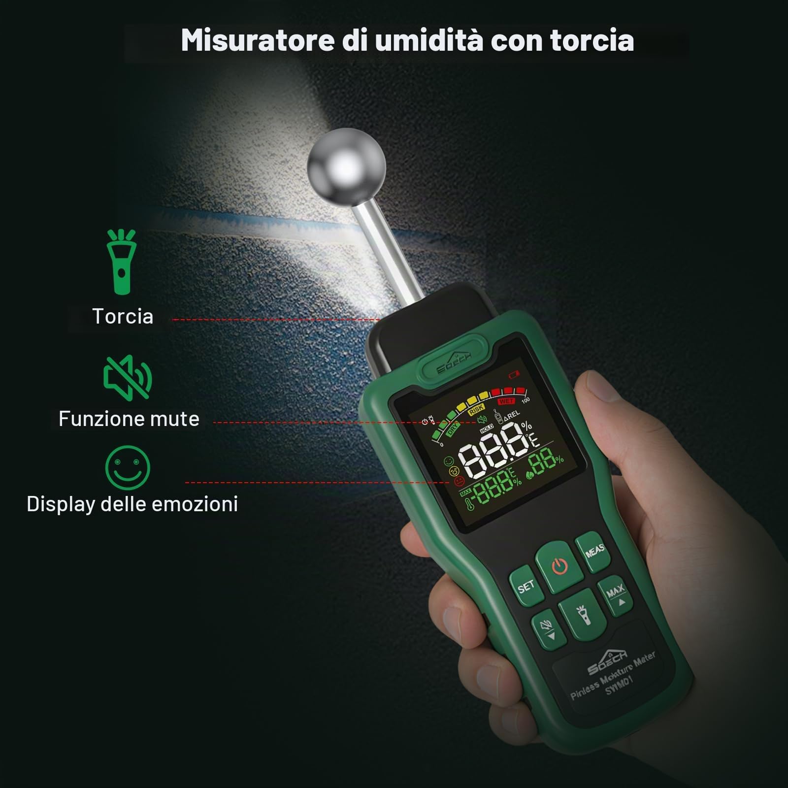 Misuratore Umidità, Igrometro SQECH con Termometro, Torcia | Misuratore di Umidità Multifunzionale con LCD a colori, Allarme, per Muri, Legno, Camper