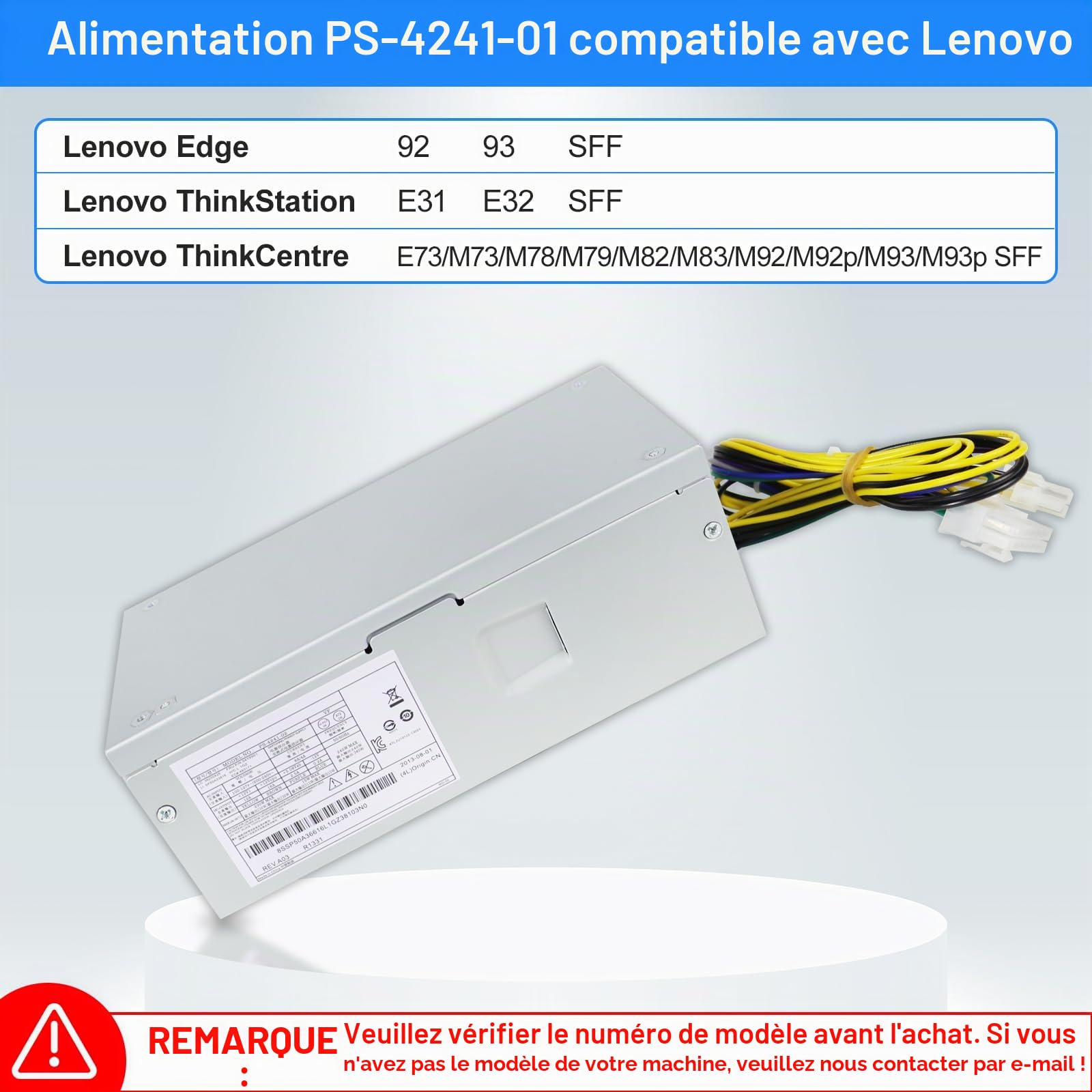 S-Union Bloc d'alimentation de rechange PS-4241-01 240 W compatible avec Lenovo Edge 92 93 ThinkCentre M73 M78 M82 M83 M92 M93 ThinkStation E31 SFF 54Y8849 PS-4241-02 54Y8901