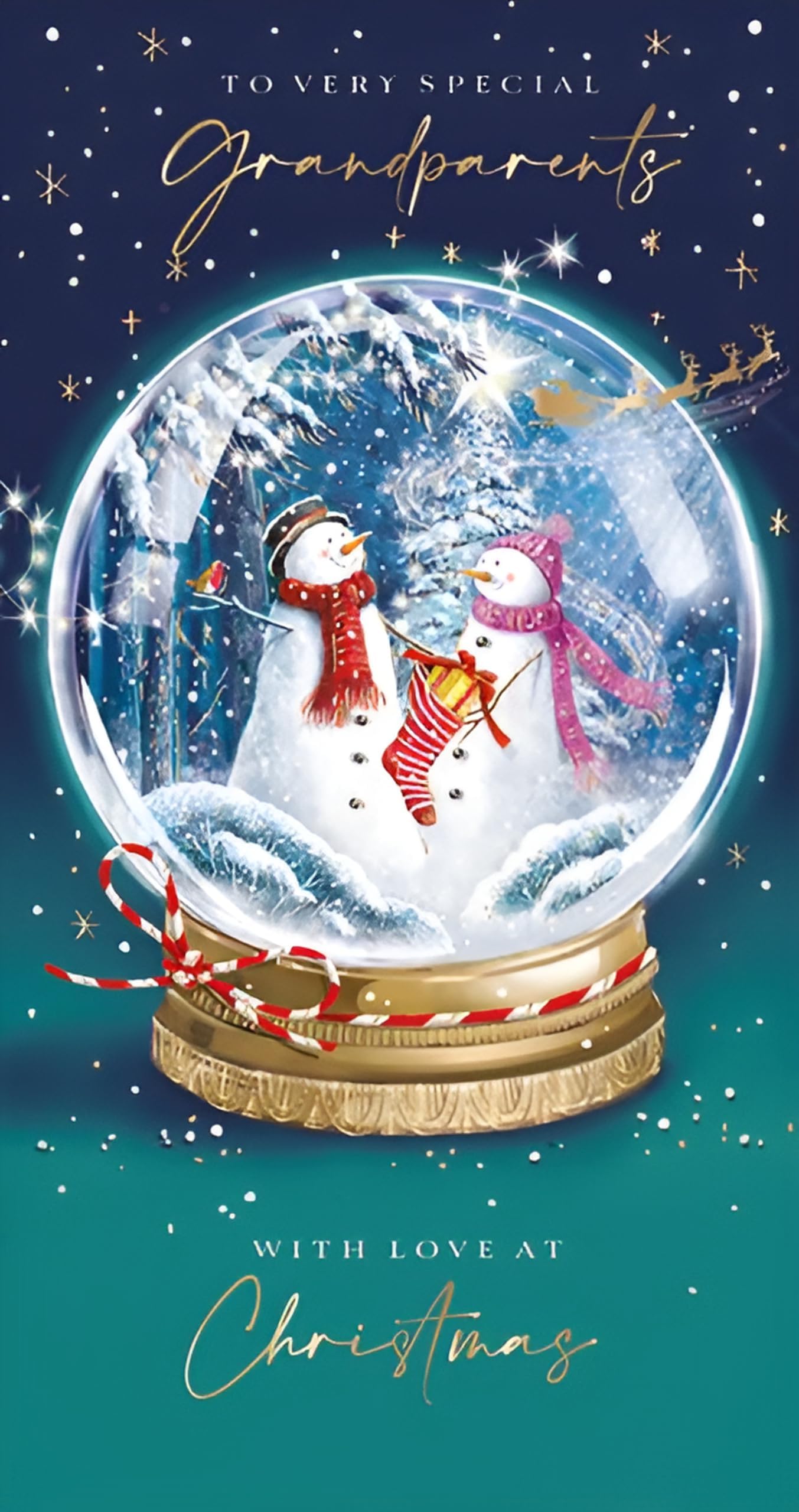 Ling Design Grandparents Christmas Card - Special Finishes - Snowman Snowglobe and Stocking - Artistic Festive - Made in the UK - Eco-Friendly