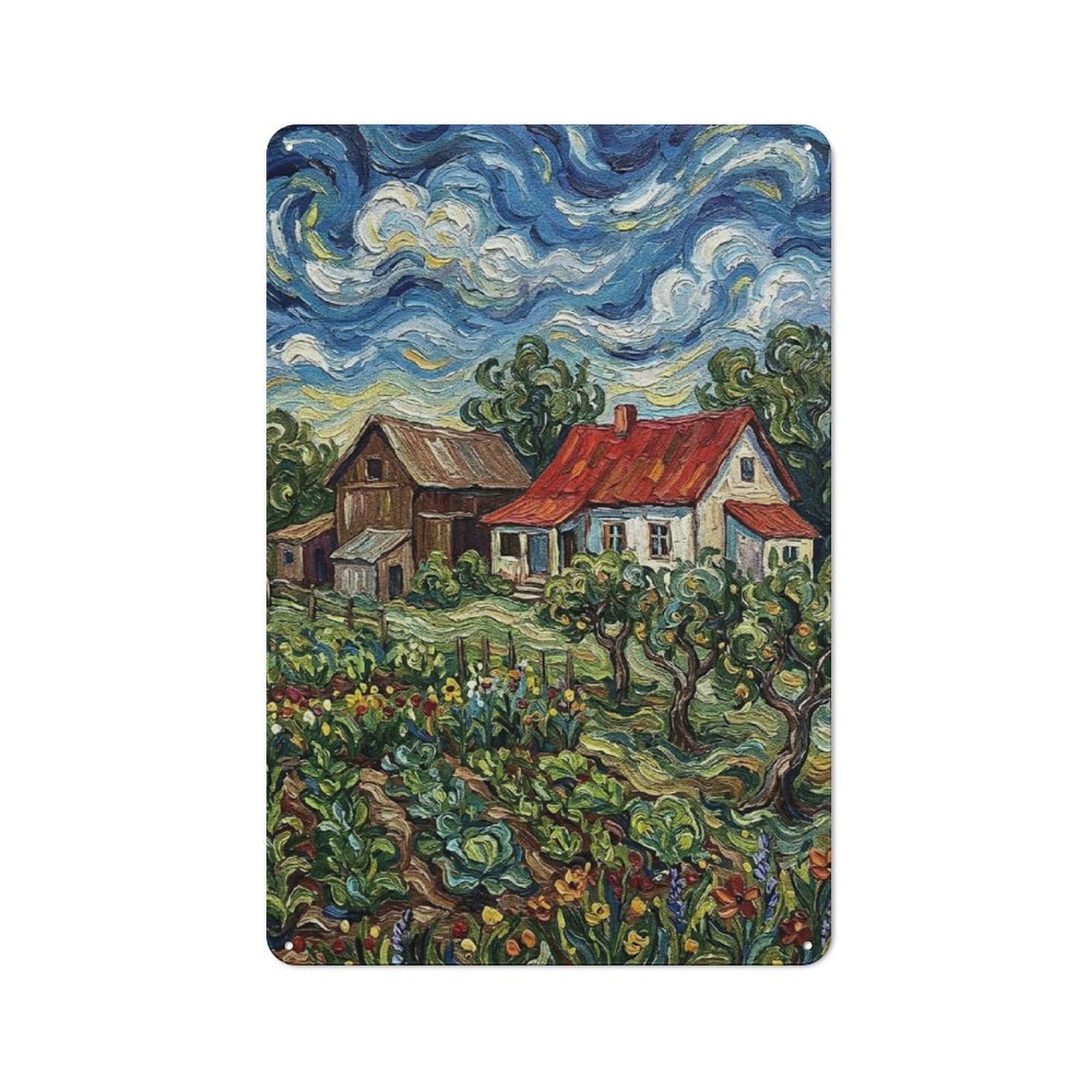 Junmoney Style-6 Tin Wall Sign With Impressionistic Farmhouse Landscape Painting Design 30X20cm, Cosy Cafe Wall Decor For Kitchen, Cafe, Pantry Or Dining Room