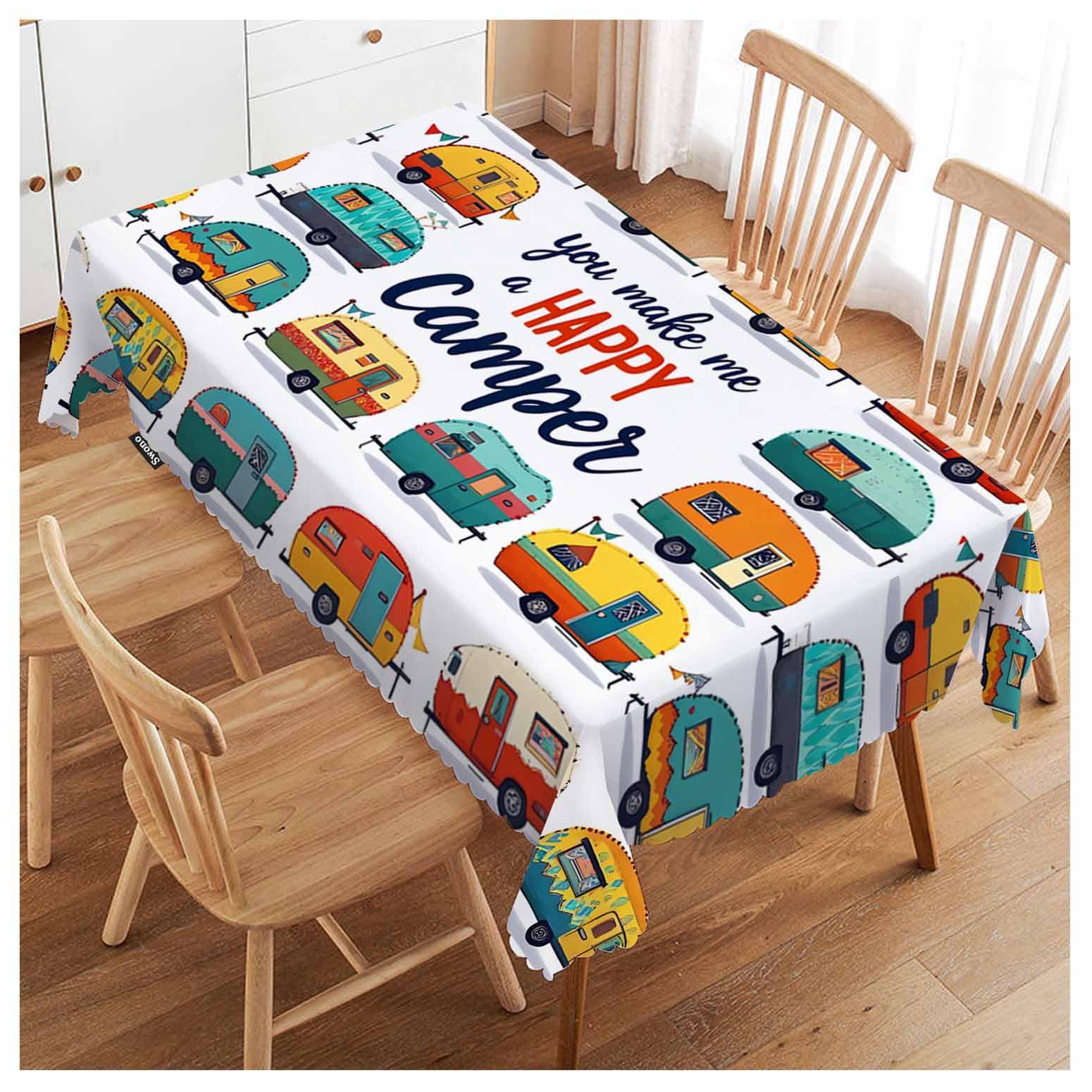 FJQWKLF Cars Cute Rectangular Tablecloth Cartoon Cars You Make Me A Happy Camper Quote Heavy Duty Table Cloth Kitchen Dining Room Table Cover for Party Dinner 50x72 Inch Tablecloths