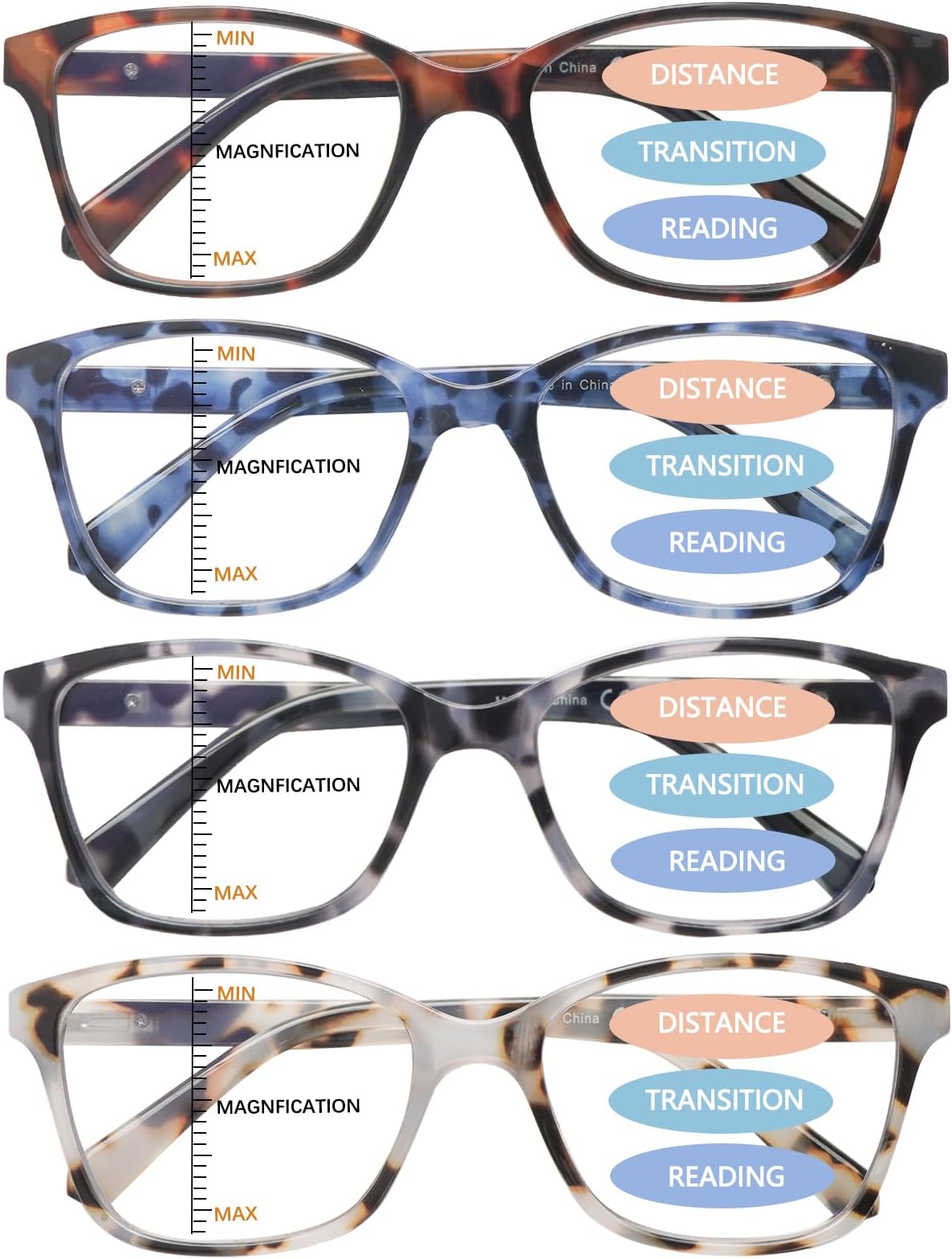 4 Pack Progressive Multifocus Reading Glasses for Women Men Spring Hinge Blue Light Blocking Readers