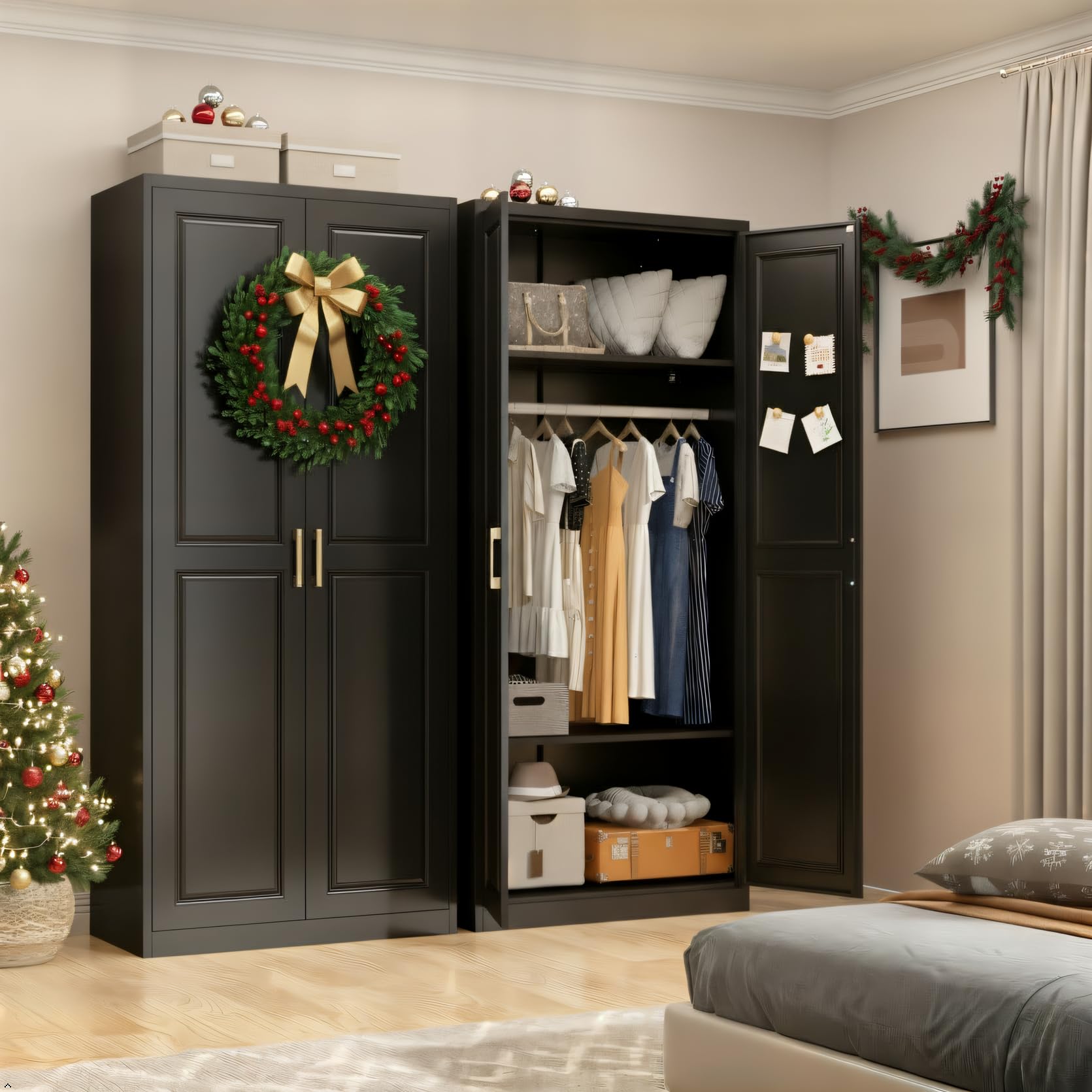 Armoire Wardrobe Closet with Doors, 71'' Wardrobe Cabinet with Hanging Rod, Metal Closet with 2 Adjustable Shelves for Bedroom School, Employee, Gym, Armarios De Ropa para Dormitorio, Black