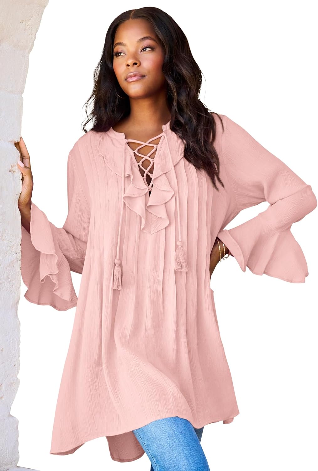 Roaman's Women's Plus Size Hand Crinkled Ruffle Pintuck Tunic