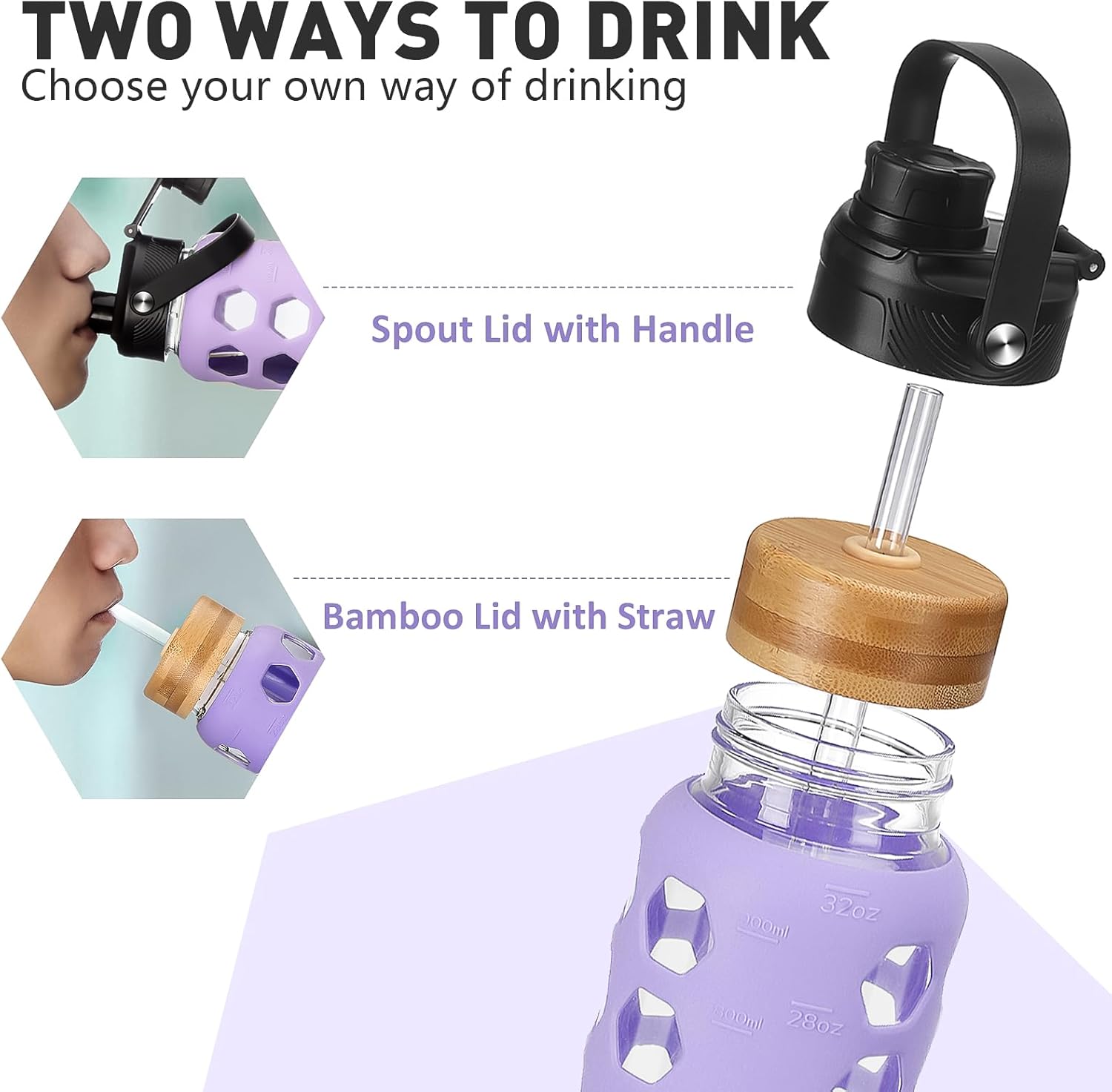 MUKOKO Glass Water Bottles, 24oz Glass Tumbler with Straw, Drinking Bottles with 2 Lids-Handle Spout Lid&Bamboo Straw Lid, Motivational Water Bottle with Time Marker and Silicone Sleeve, 1 Pack-Purple Purple 24 Ounces