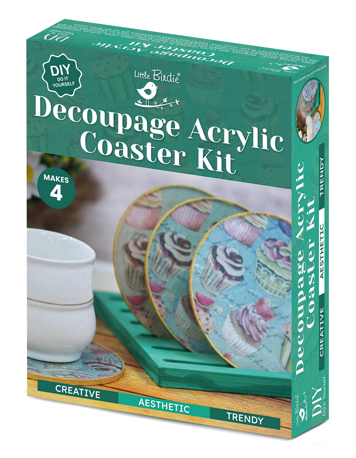 Little Birdie DIY Decoupage Acrylic Round Coasters Kit 3pc | Tea, Coffee, Juice Coaster Art & Craft Kit | Coaster for Office, Home Table Decor | Craft Kit Gift for Kids & Adults