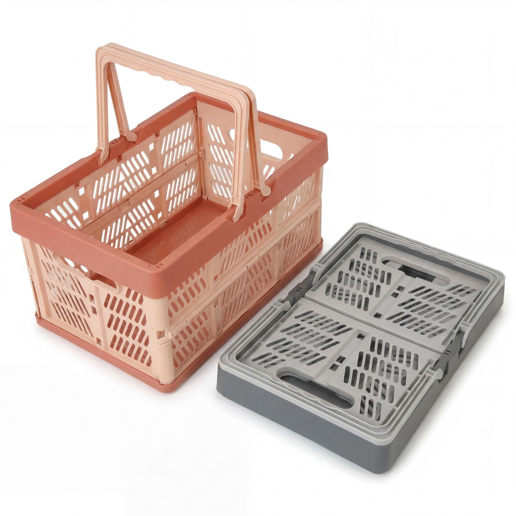 Brezento 2 Pcs Folding Crates Storage Boxes with Handles, 38x25x20cm Collapsible Shopping Baskets Foldable Storage Crates for Home Office(Grey + Pink)