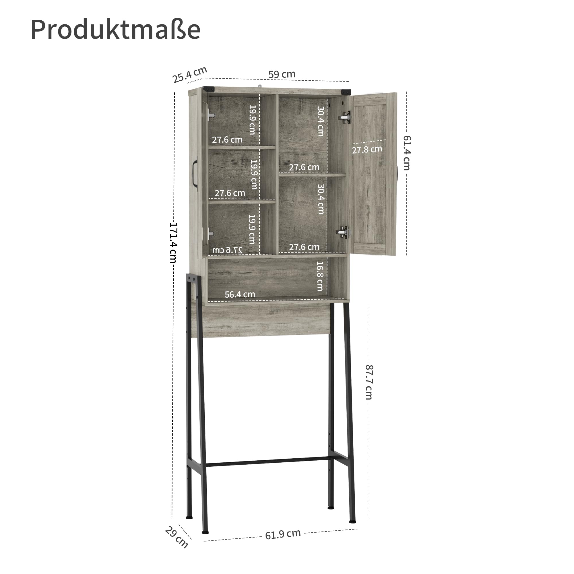 BonVache Toilettenregal mit 2 Türen, Badezimmerregal mit Schrank und Offene Fächer, Regalen für kleine Waschmaschinen, Toilettenschrank für Badezimmer, 171x59.6x25.3cm, Grau
