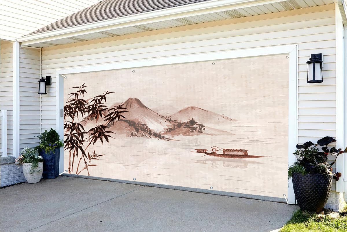 7x16ft Ink Wash Painting Garage Door Decor Elegant Mountains Lake Fishing Boat Green Bamboo Plants Retro Brown Garage Door Cover for Outdoor Nature Theme Garage Door Decor