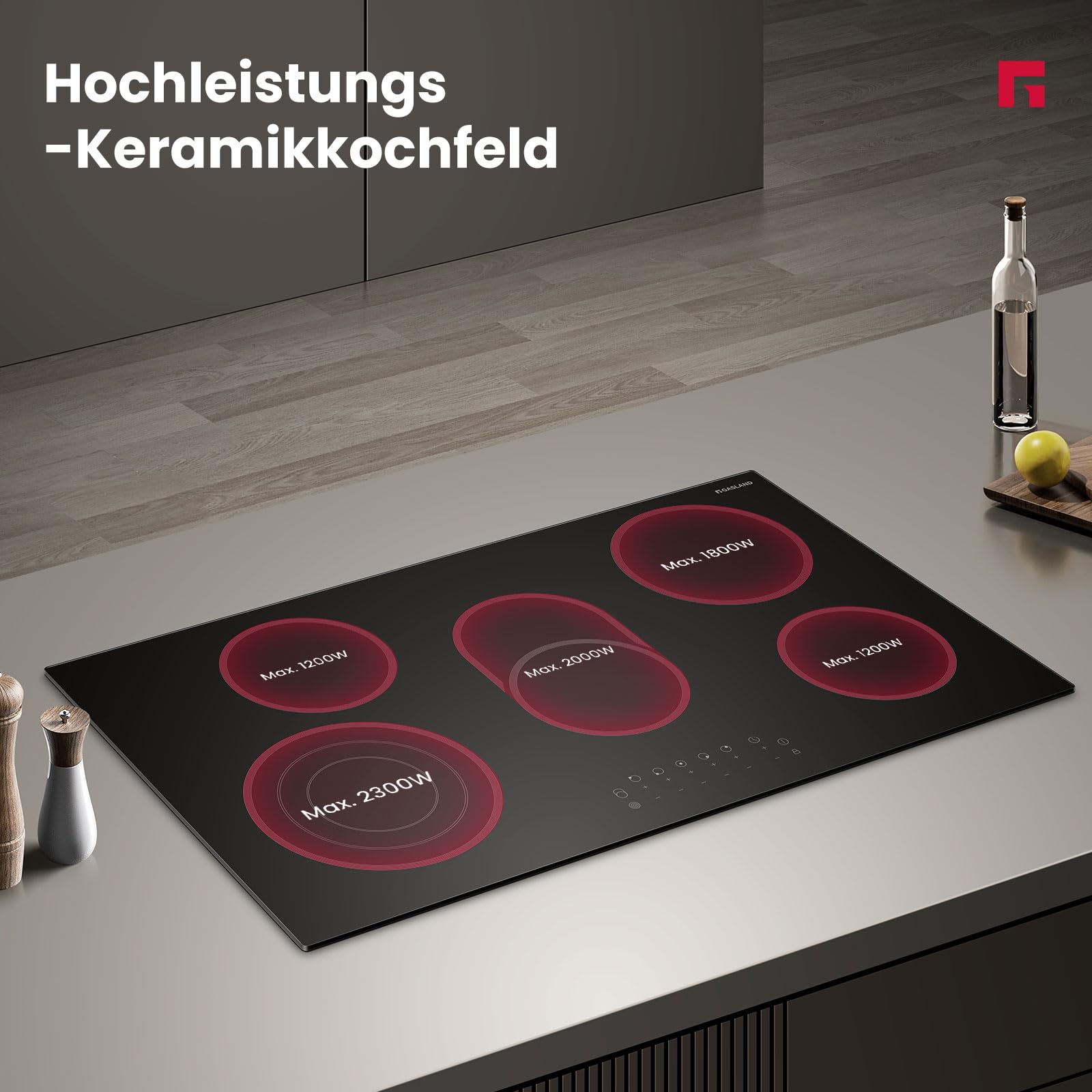 GASLAND CH90BF Glaskeramikkochfeld, 90 cm, 5 Kochzonen, Einbau-Elektrokochfeld mit Touch-Steuerung, 8500 W Elektrisches Kochfeld, inklusive Dreifach- und Ovalzonen