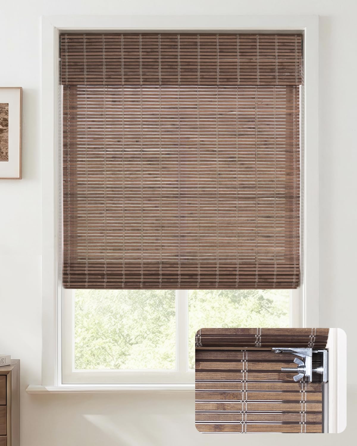 Photo 1 of UNISHADES No Drill Cordless Bamboo Roman Shades, 28×64 in, Driftwood