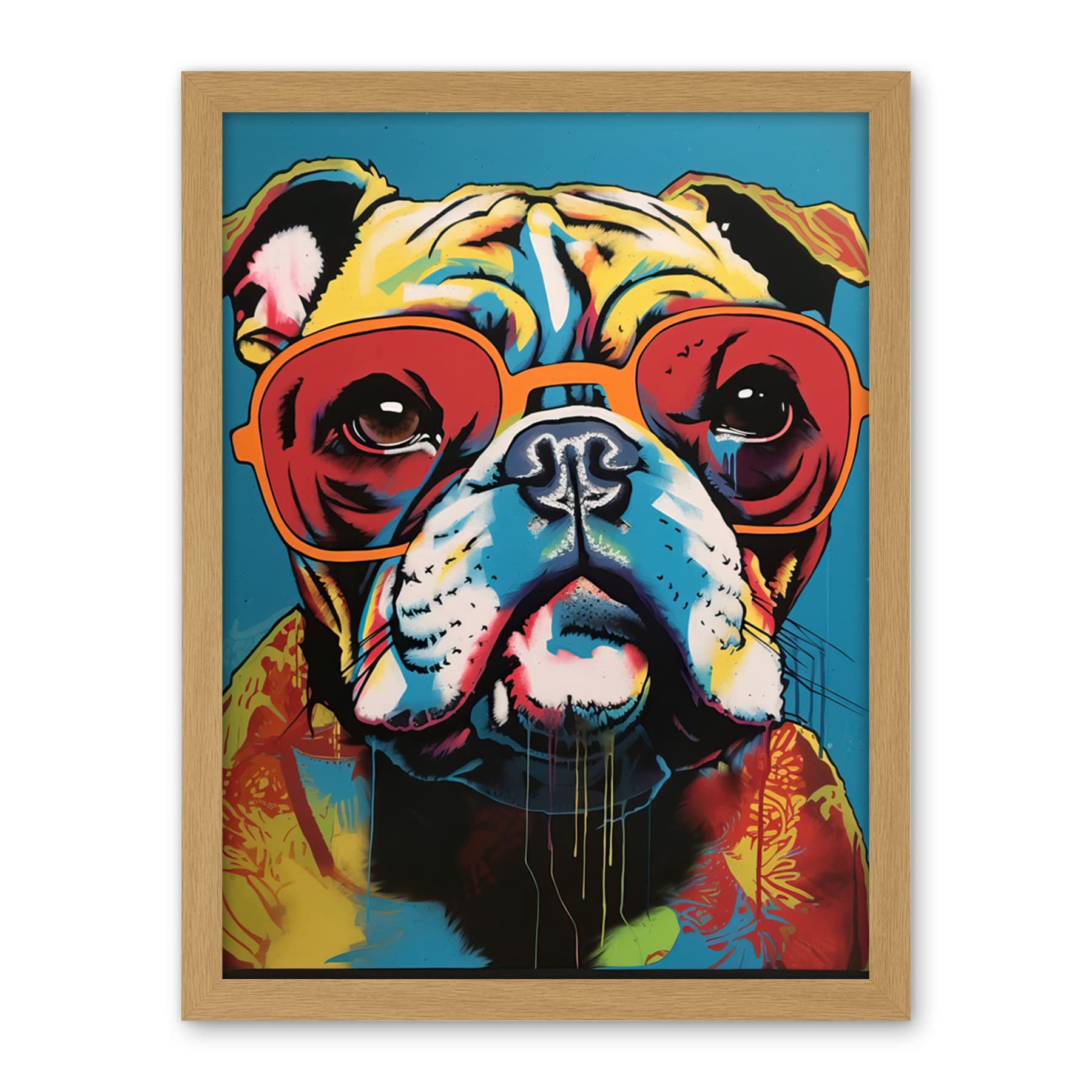 Artery8 English Bulldog Wearing Sunglasses Modern Pop Art Artwork Framed Wall Art Print 18X24 Inch