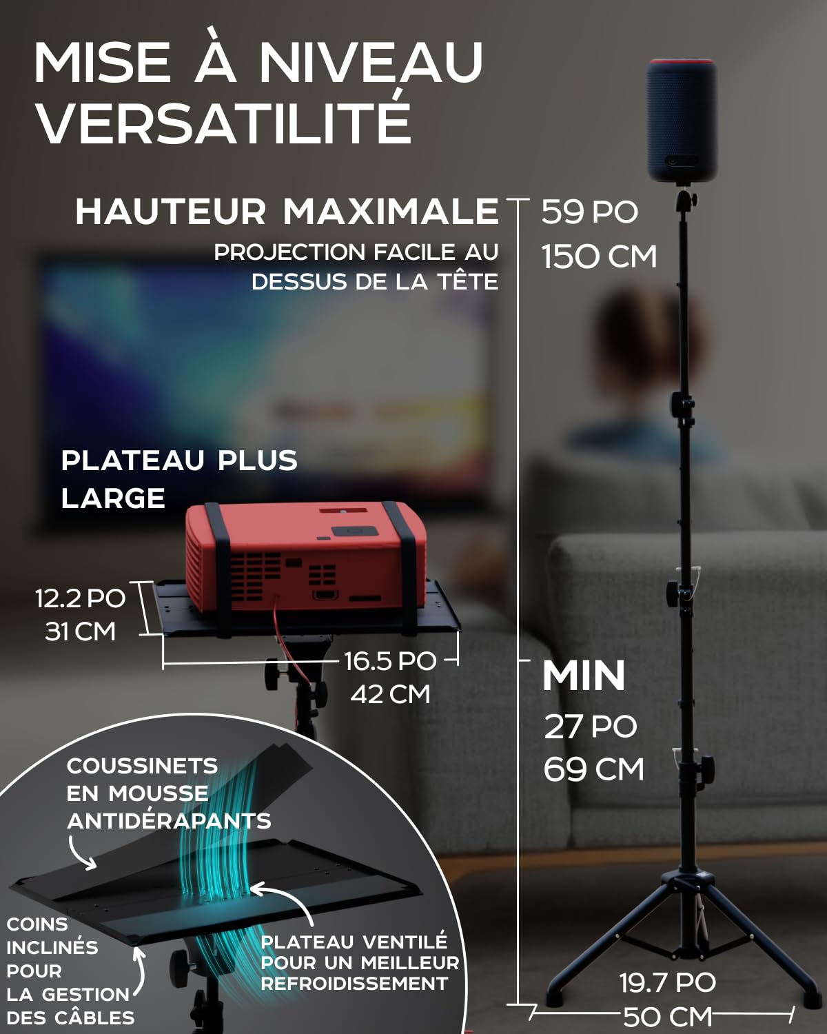 Pied de projecteur, hauteur 68,6 - 157,5 cm, pied de projecteur au sol, pied pour caméra et lumière - bien conçu, facile à régler, support DJ et support pour musique ou film