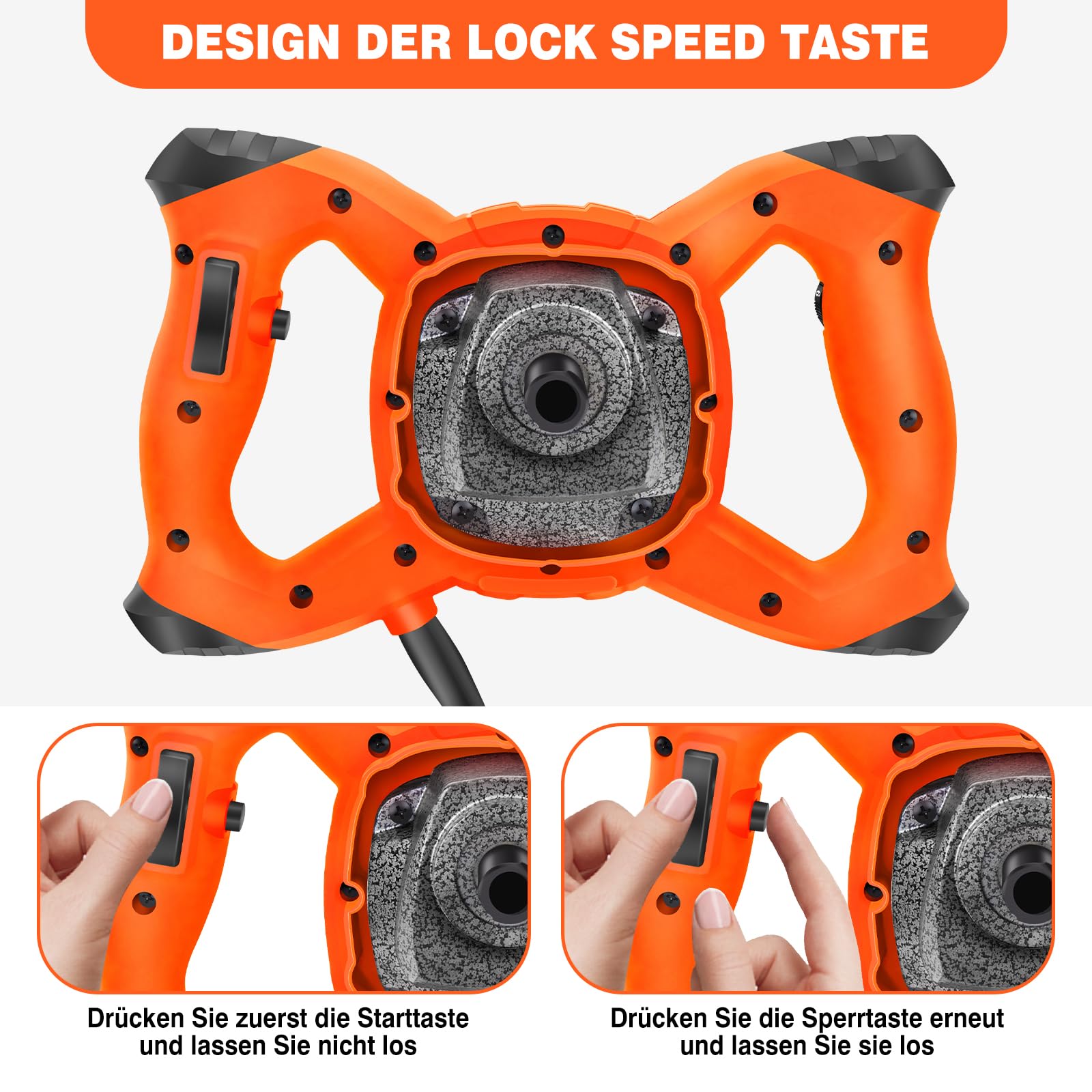 Mélangeur orange 2600 W pour peinture, béton, mortier, plâtre, colle et ciment, avec 6 vitesses, fonction de démarrage doux, interrupteur verrouillable, vitesse de rotation 0-1700 tr/min, avec
