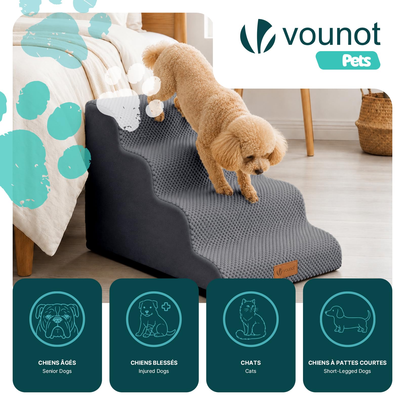 vounot® Escalier pour Chien et Chat à 4 Marches en Mousse Haute Densité Antidérapante Déhoussable Lavable Rampe pour Chien Accès Canapé Lit pour Animaux Âgés ou Blessés avec Poignée Gris