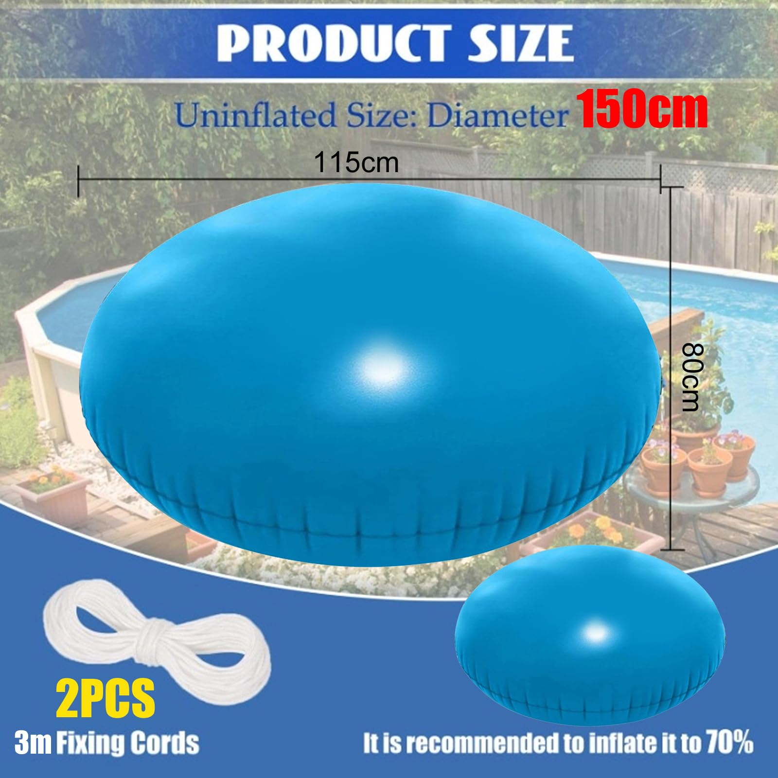Poolkissen Winter 150x150cm, Luftkissen Rund zur Pool Überwinterung Kissen groß, Poolpolster Winterkissen mit Sicherheitsventil und Seile, Luftkissen Pool Winter bis -25°C