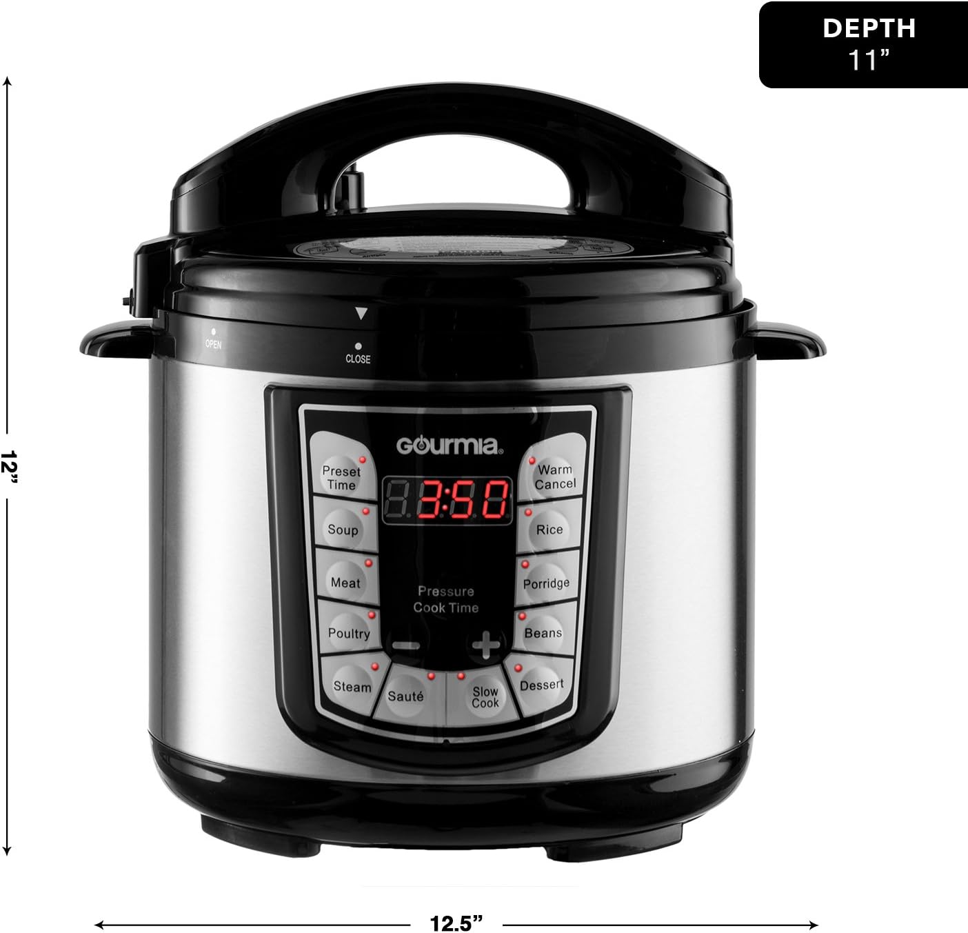 Фронт view of the Gourmia GPC400 Digital Pressure Cooker with dimensions