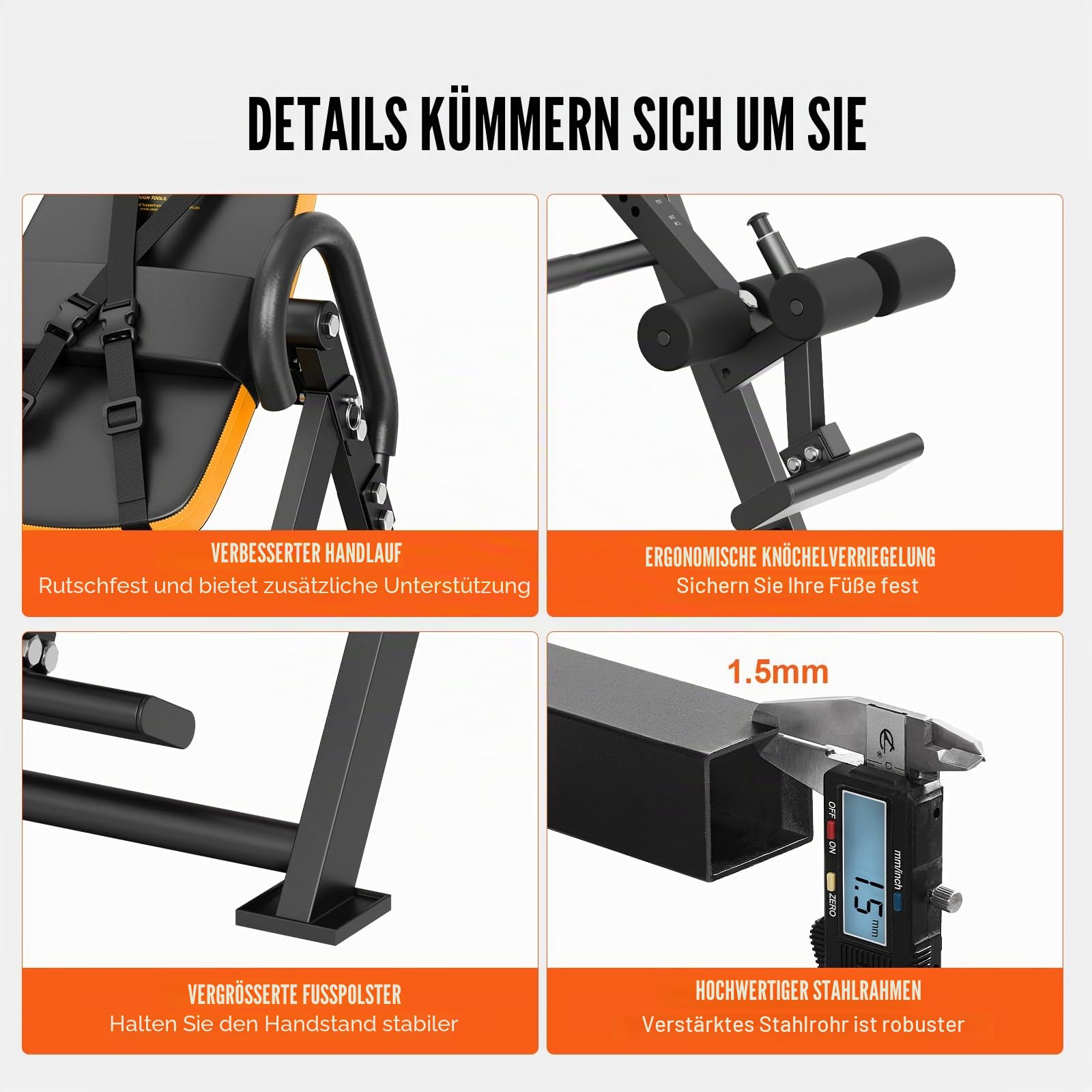 VEVOR Inversionstisch Inversionsbank, 136 kg belastbar, Multifunktionsgerät Rückentrainer, klappbares Krafttrainingsgerät mit Kopfstütze, Knöchelverriegelung, verstellbarem Schutzgurt, Orange/Schwar
