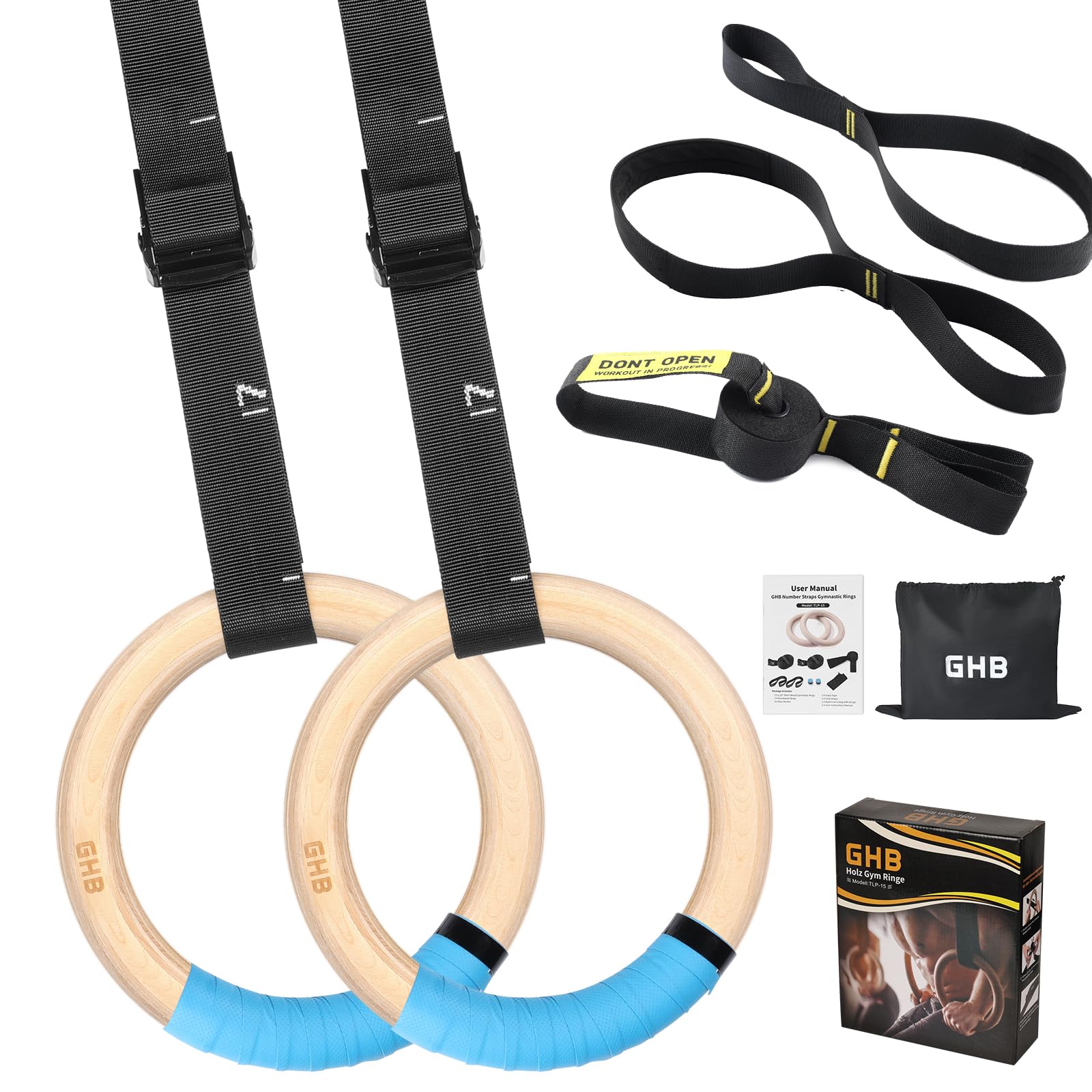 GHB Gymnastic Rings Wooden Gym Rings 32mm Olympic Rings Adjustable Straps Pull Up Rings Sets for Workout Bodyweight Fitness Training