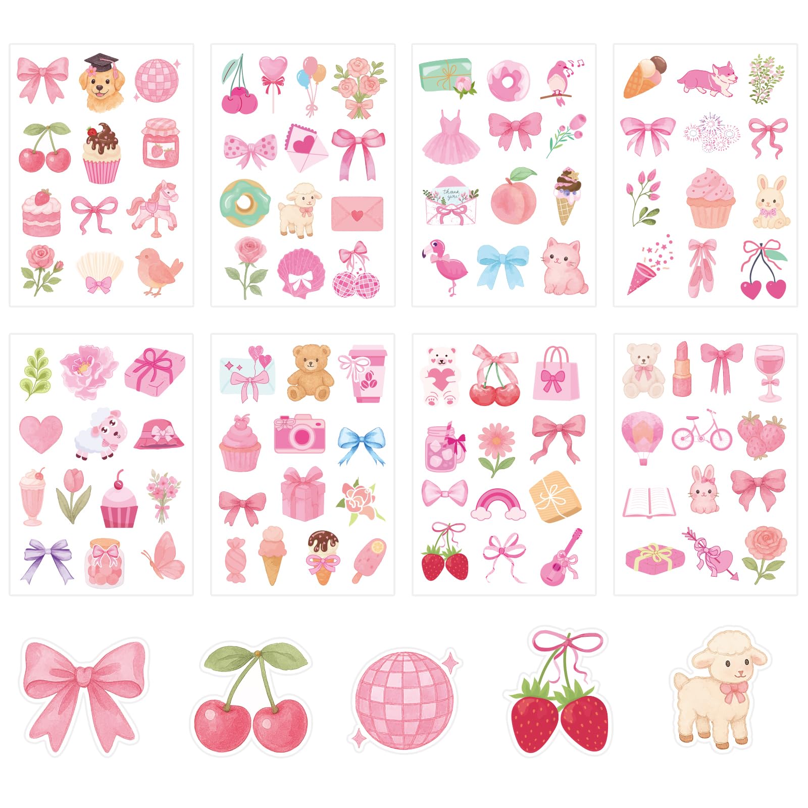 BOXOB 100pcs Pink Bow Decal, Aesthetic Stickers for Laptop Water Bottle Phone Case Journal Decor Cute Girly Gifts for DIY Crafts Scrapbook Waterproof