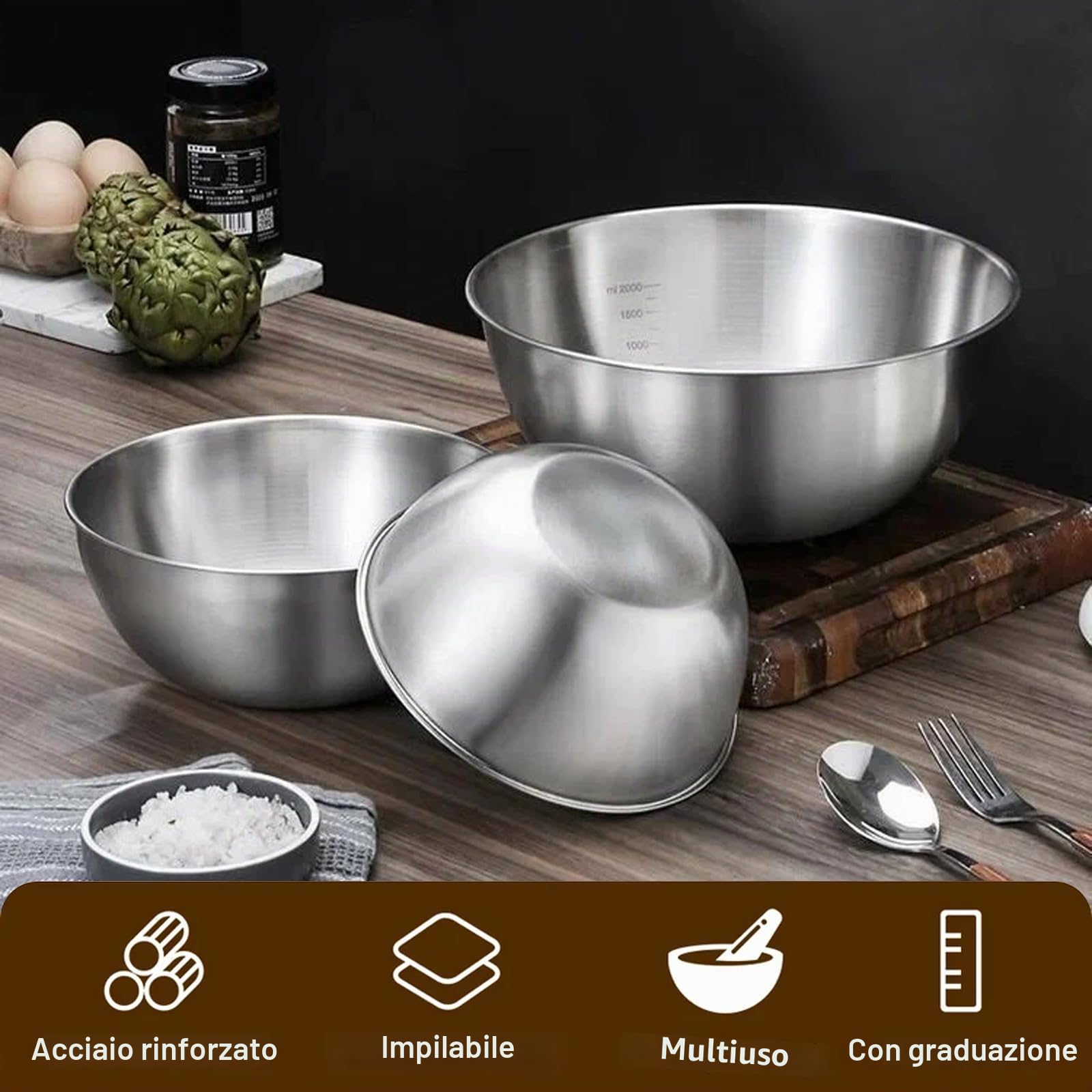 6 ciotole in acciaio inox, 2100 ml, in acciaio inox, ciotola per insalata, diametro 22,5 cm, ciotola per insalata, ciotola in acciaio inox, piastra impilabile, per cucina, ristorante, cene di famiglia