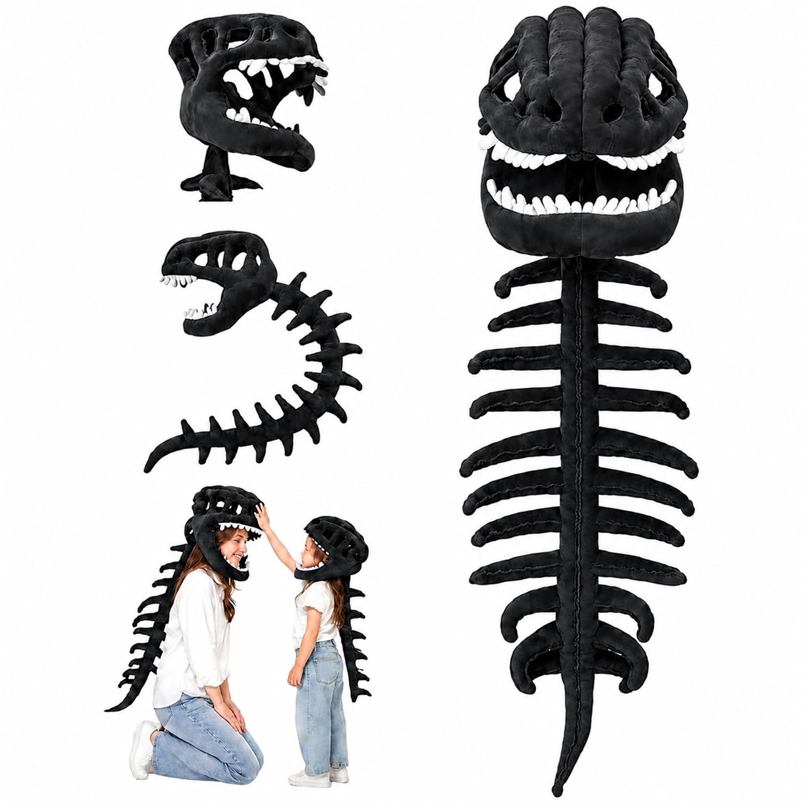 vnarunp Dinosaur Skeleton Costume for Kids, Cozy Plush Dinosaur Outfit with 3D Skull and Bone Details, Comfortable Halloween Cosplay Costume for Toddler Boys Girls, Birthday Gift (Black,for Kids)