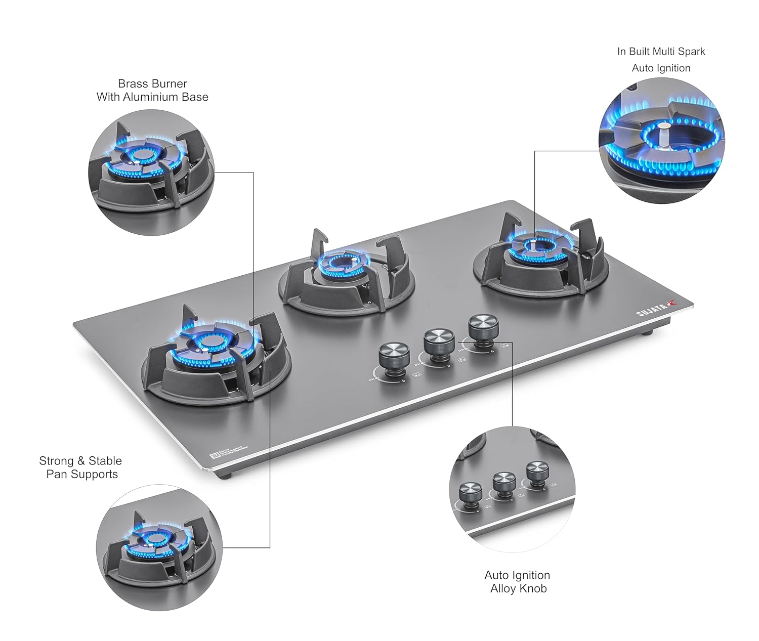 Sujata Osmium 3 Burner Gas Stove | 5-Year Warranty, Auto Ignition, Chromatic Steel Body