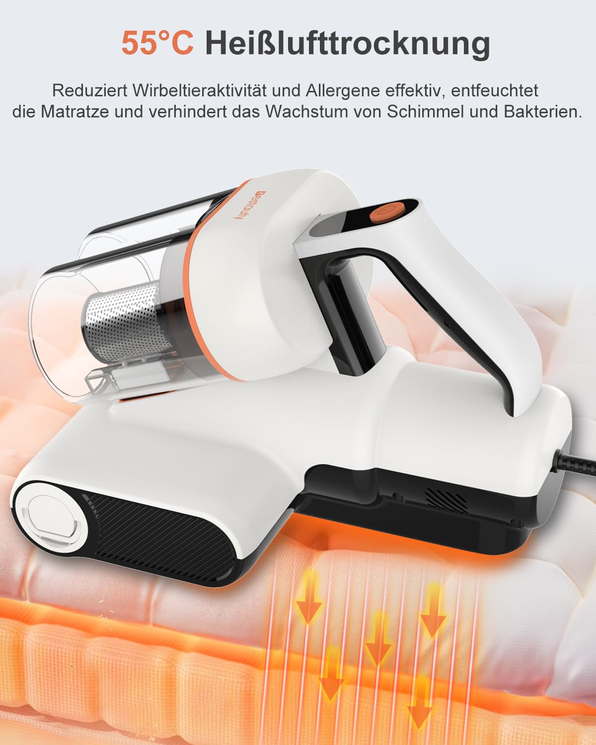 Bestauty Milbensauger für Matratzen, 2 Stufen 7-16 kPa 500W UV-Licht 55°C Heißlufttrocknung entfernt 99,9% Bakterien Allergene Staub-Milben