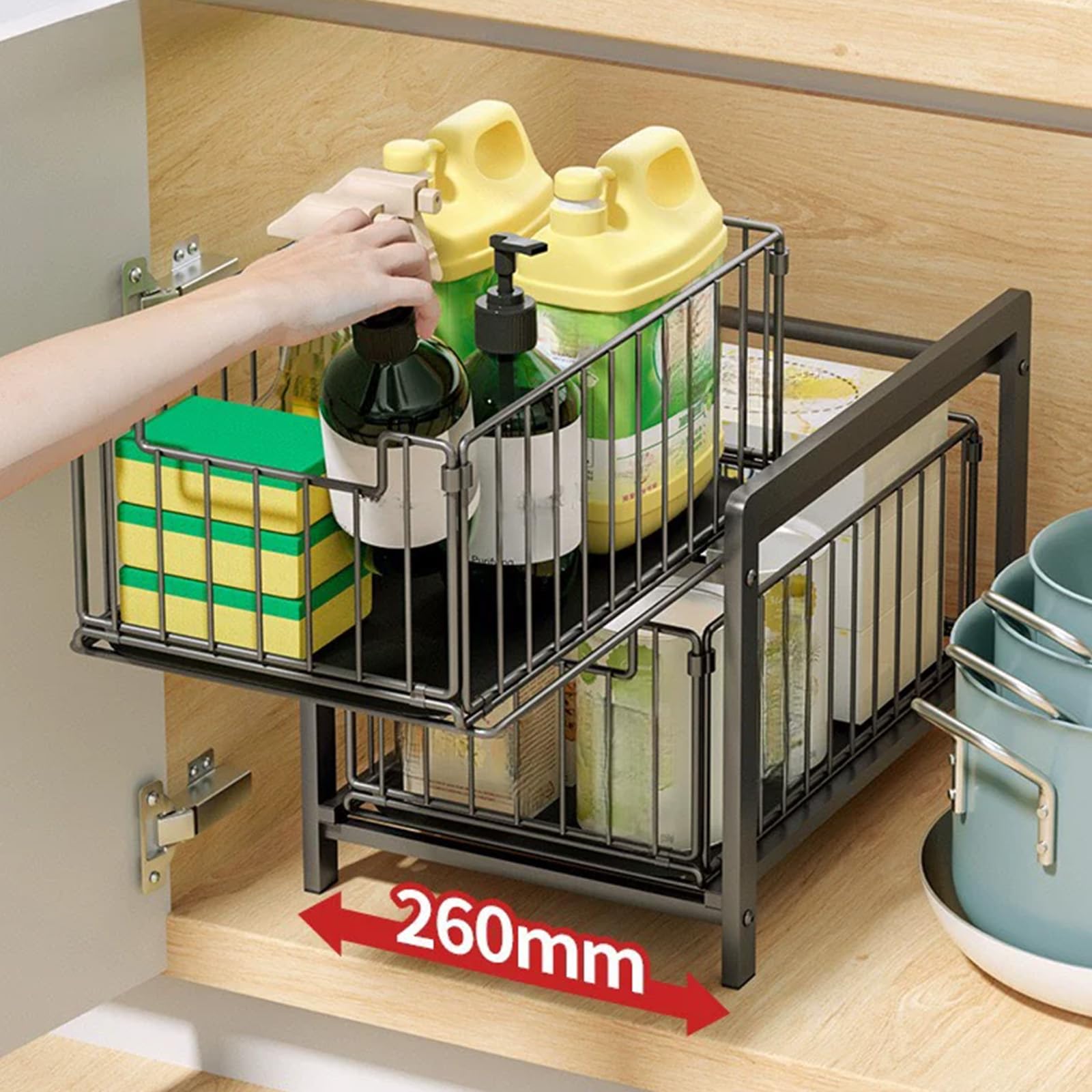 Cesta organizadora deslizante de 2 niveles para debajo del lavabo, cajones de acero extraíbles para armarios de cocina y baño, color gris