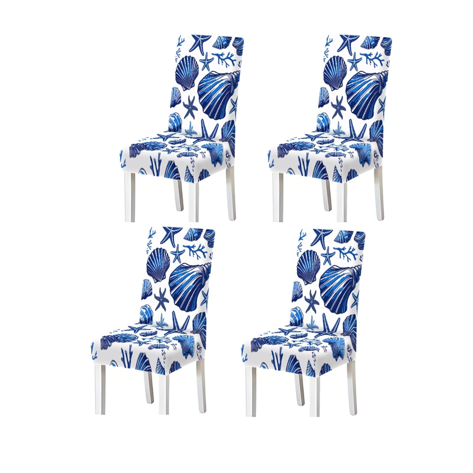 KXUAUV Navy Blue Seashell Starfish Nautical Pattern Print Dining Chair Covers Set Of 2/4/6, Stretch Slipcovers For Kitchen Dining Room Seat Protectors for Restaurant Hotel Party(4PCSChair cover)