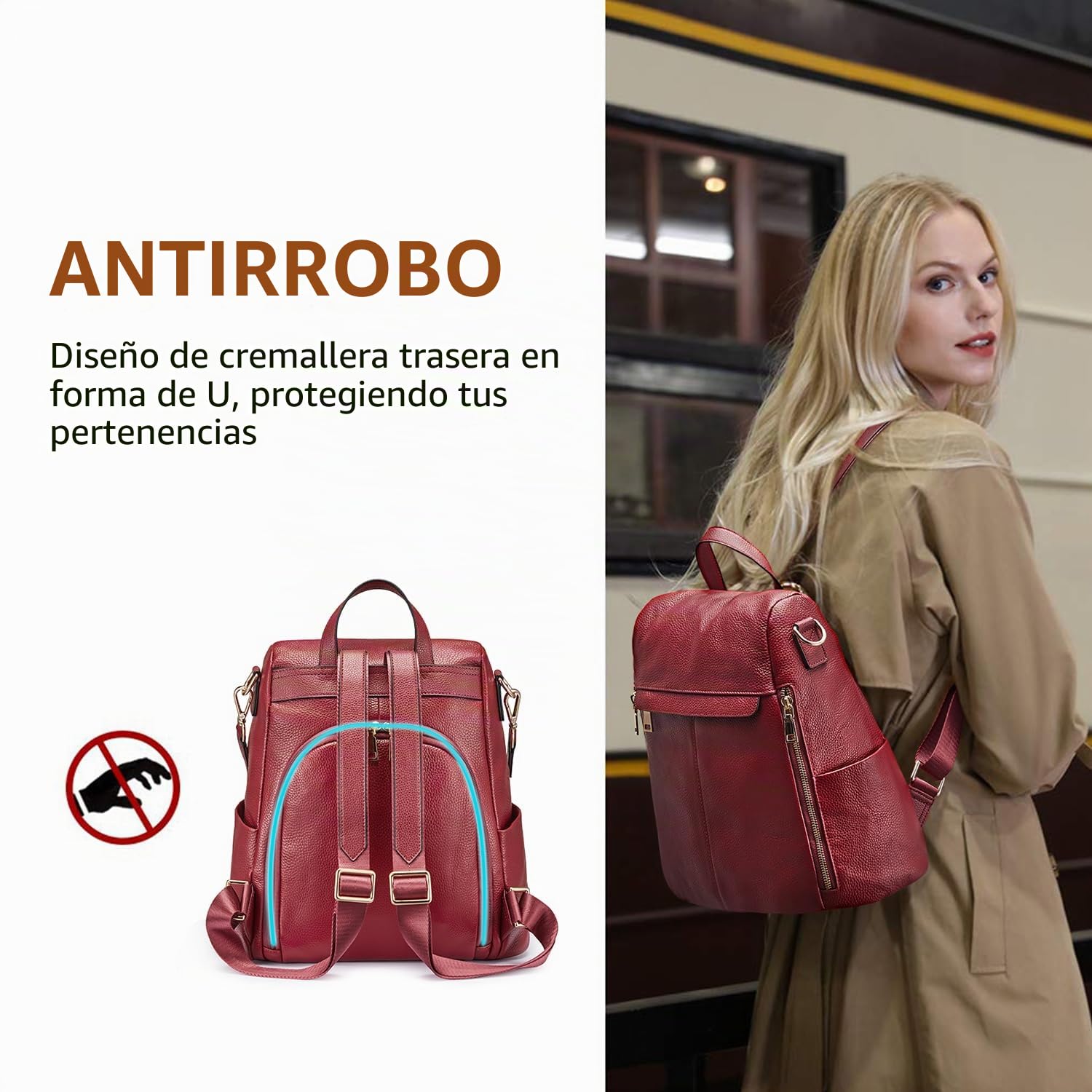 Kattee Mochila antirrobo para mujer, bolso de hombro de piel auténtica, bolsos de moda para mujer
