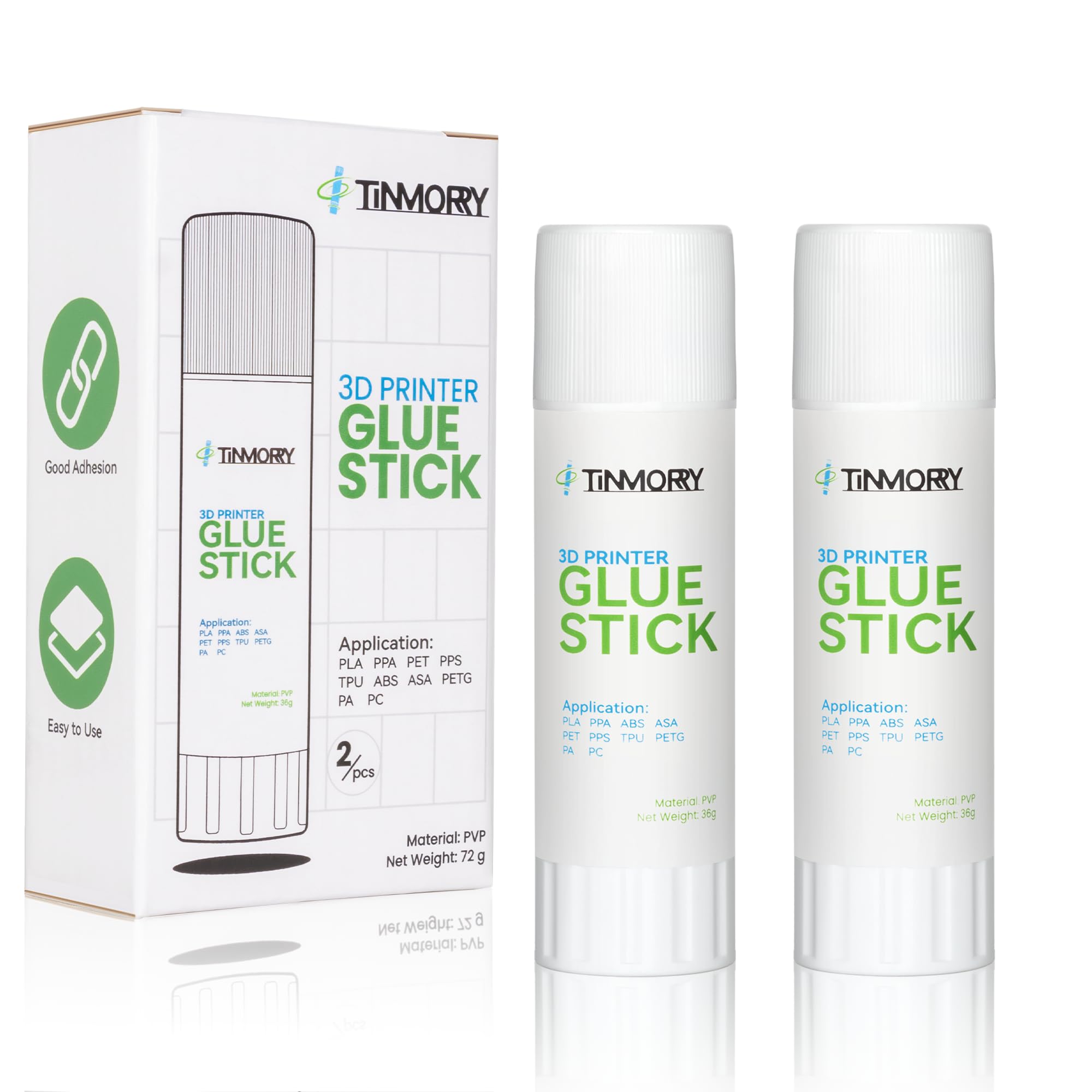 【TINMORRY】3Dプリンター用接着剤スティック、ホットベッド用PVP固形接着剤スティック。反りを防止し、PLA/PETG/TPU/ASAフィラメントの密着性を向上(2本)、1個あたり36g
