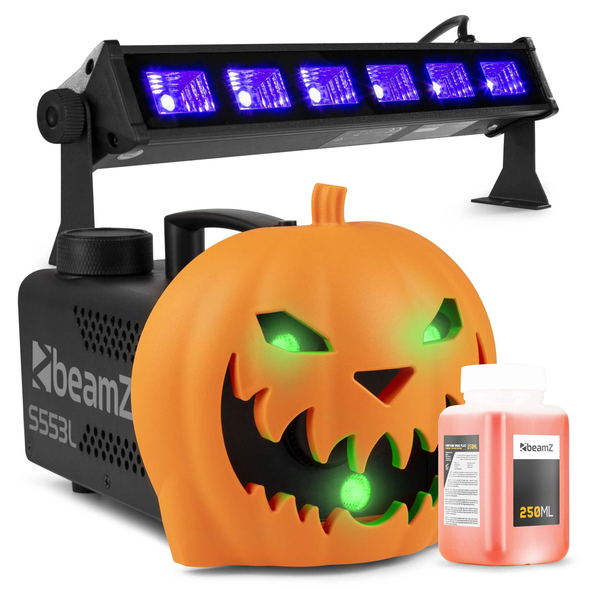 BeamZ S553L Nebelmaschine Halloween Deko mit LED Kürbis Kopf - 550 Watt Rauchmaschine mit LED UV Bar, 2-in-1 mit Halloween Kürbis Deko, 16 Farben Lichteffekt, Soundeffekt Nebelmaschine Mini