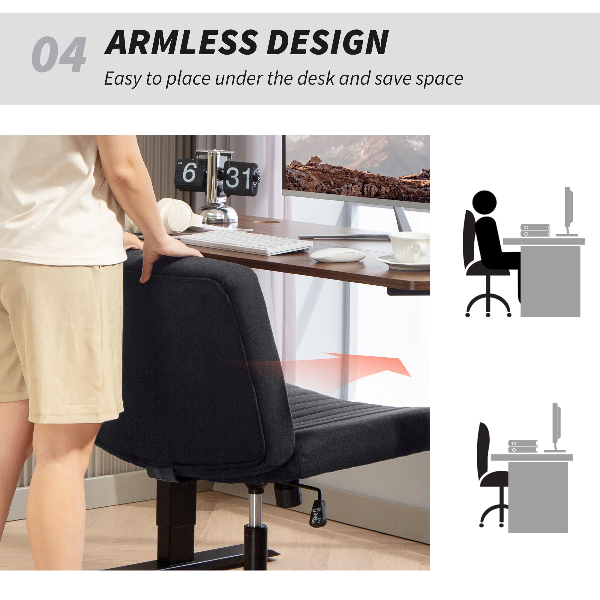HOMCOM Silla Oficina sin Brazos ni Ruedas Lino Asiento Ancho Negro | Silla escritorio patas cruzadas, acolchado grueso, función mecedora, altura ajustable, asiento giratorio hogar