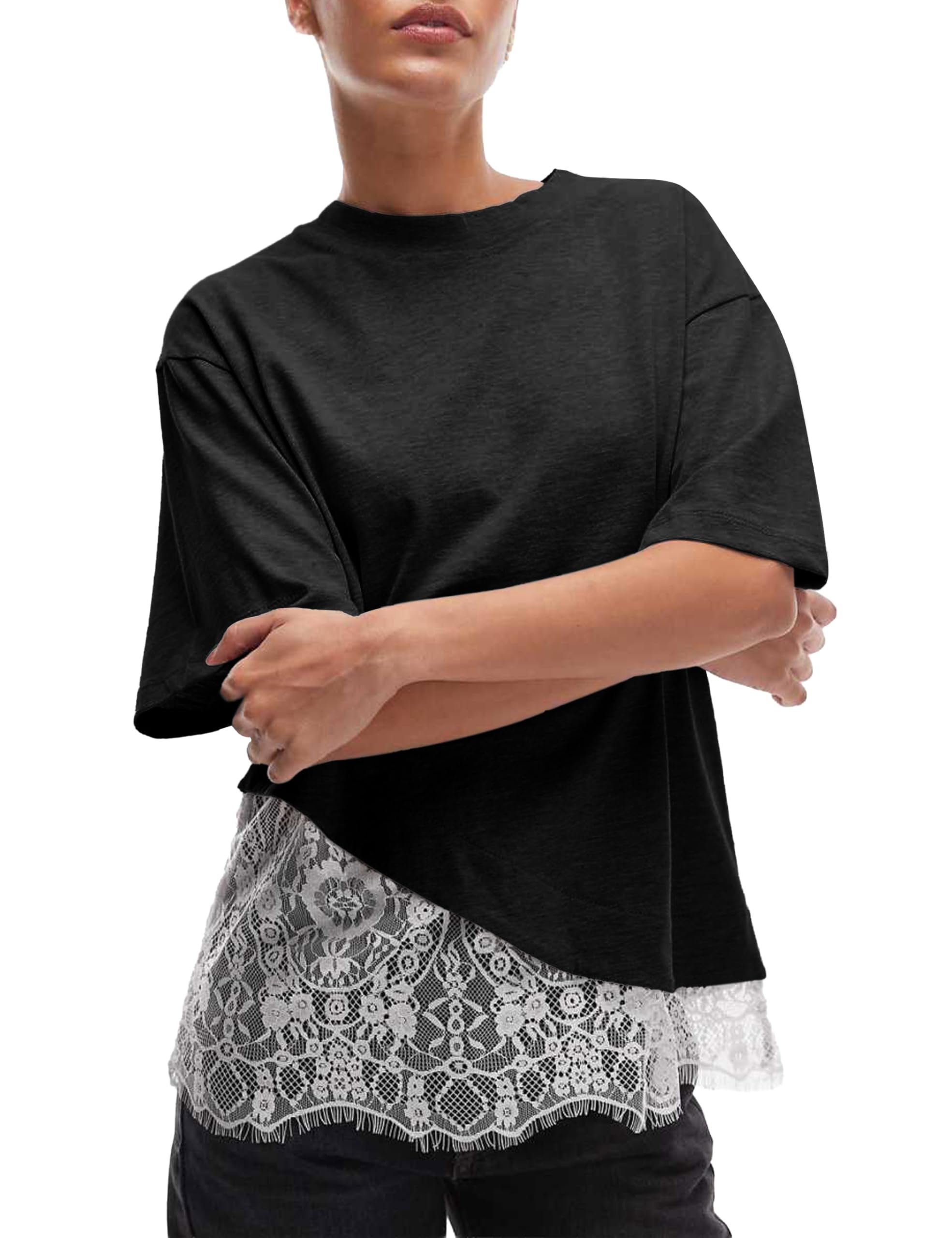 Photo 1 of GTLIAE Women's Lace Patchwork Top Summer Daily Relaxed Fit Drop Shoulder Short Sleeve Blouse Casual Weekend T-Shirt(Black-S)